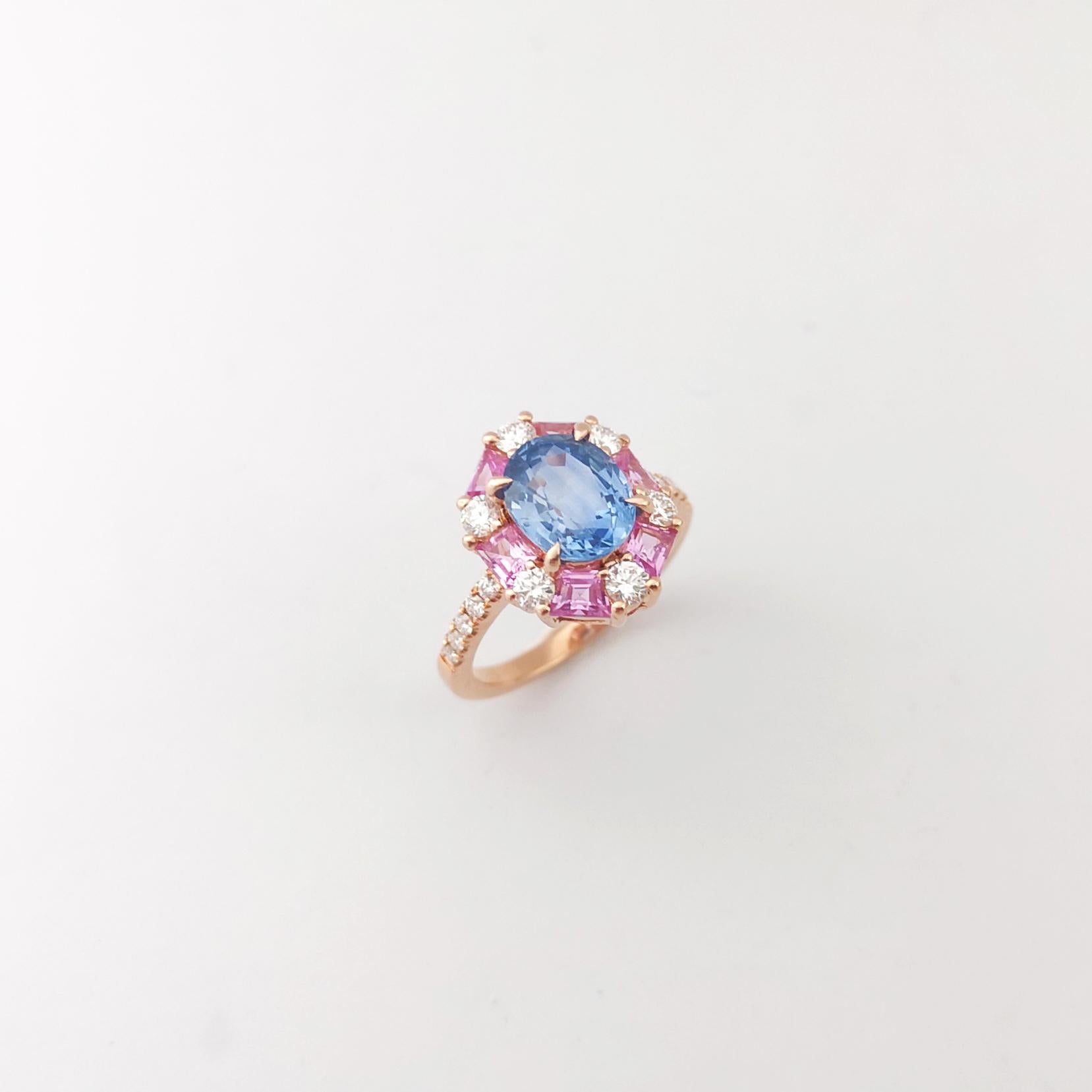 Blue Sapphire, Pink Sapphire and Diamond Ring set in 18K Rose Gold Settings For Sale 5