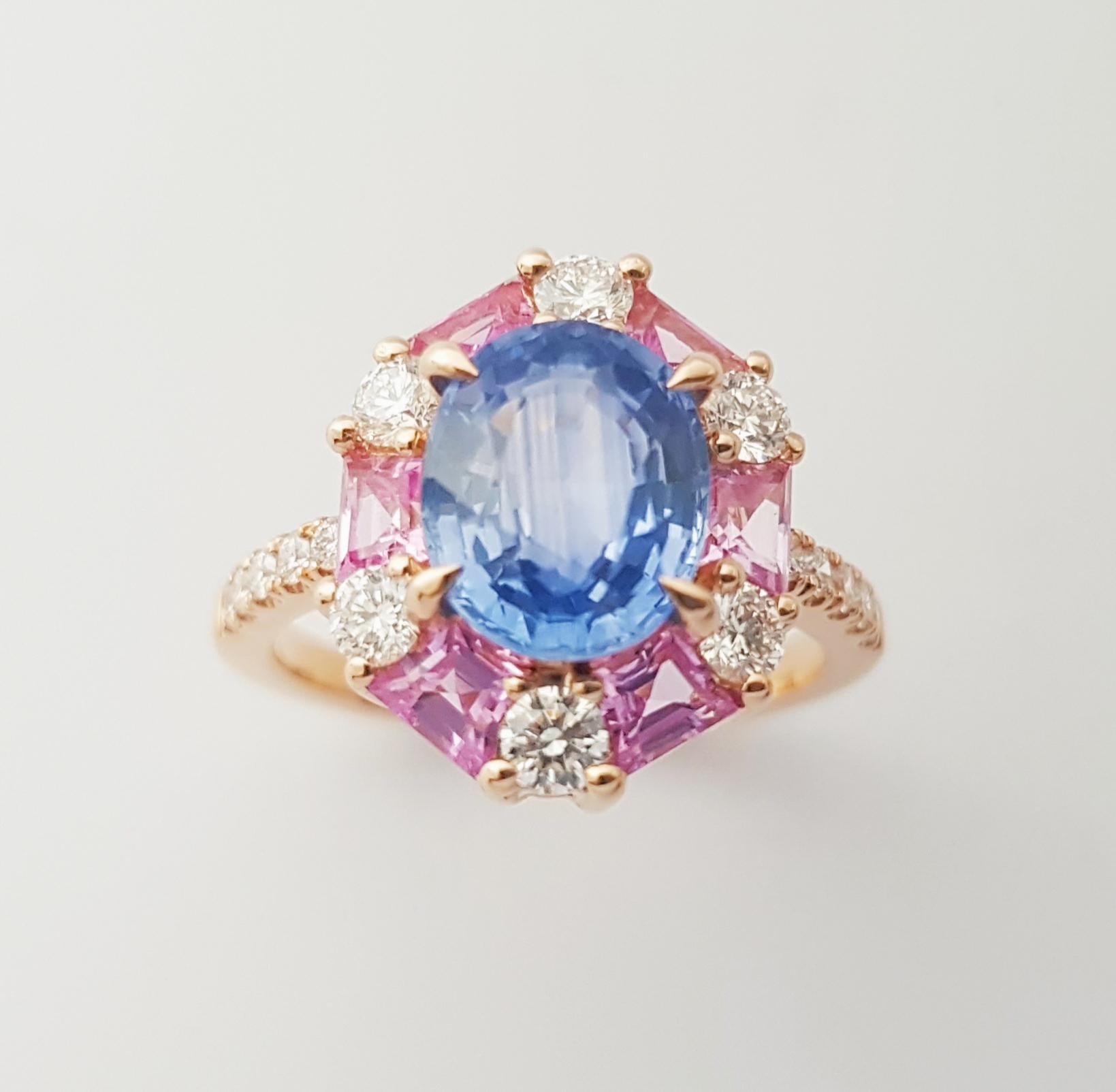 Blue Sapphire, Pink Sapphire and Diamond Ring set in 18K Rose Gold Settings For Sale 7