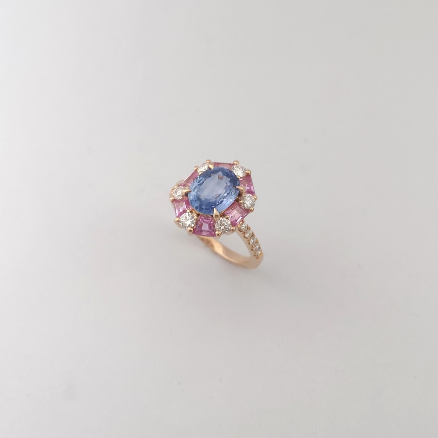 Blue Sapphire, Pink Sapphire and Diamond Ring set in 18K Rose Gold Settings For Sale 8
