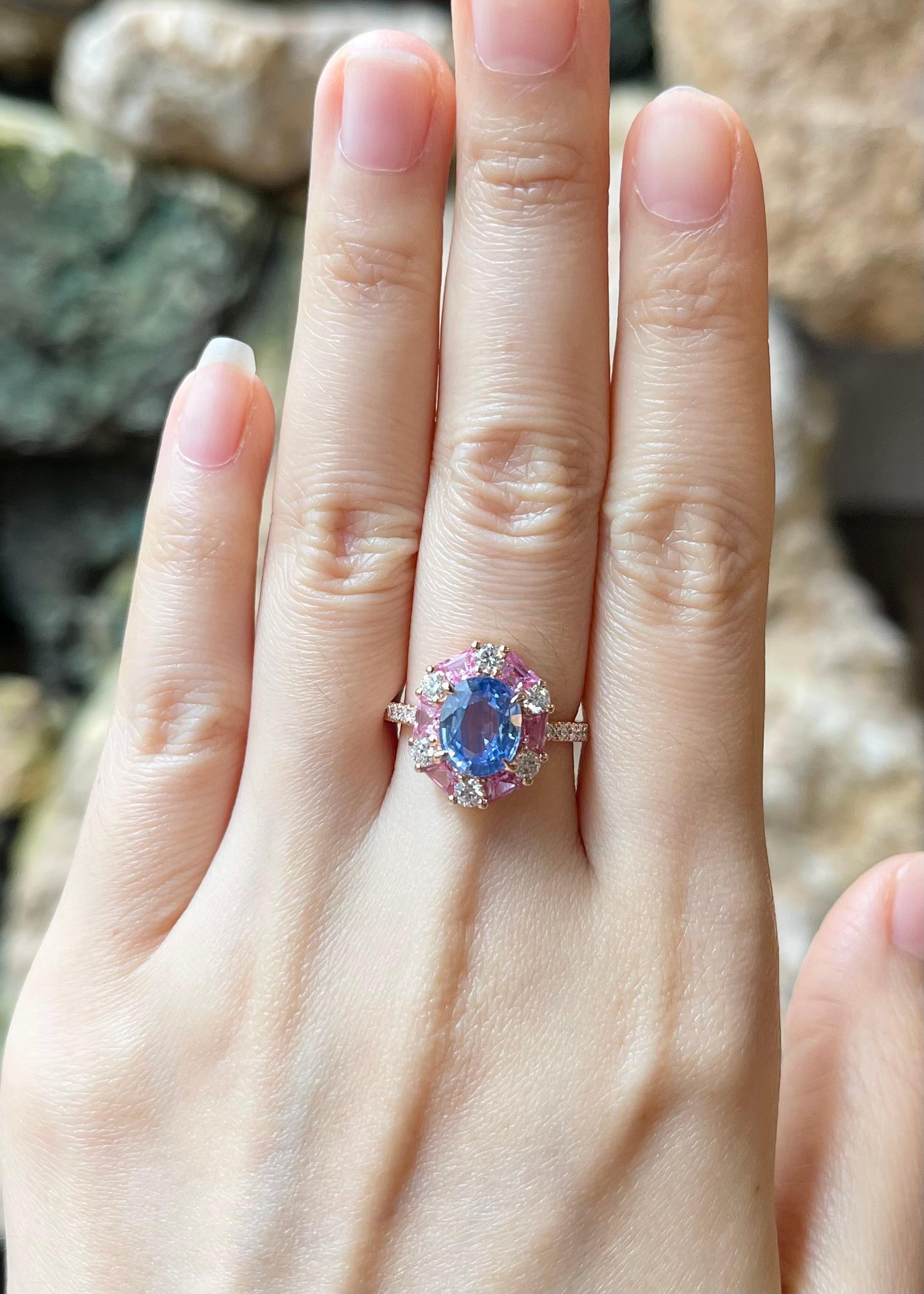 Blue Sapphire 2.76 carats, Pink Sapphire 2.24 carats and Diamond 0.55 carat Ring set in 18K Rose Gold Settings

Width:  1.2 cm 
Length: 1.5 cm
Ring Size: 53
Total Weight: 5.41 grams


