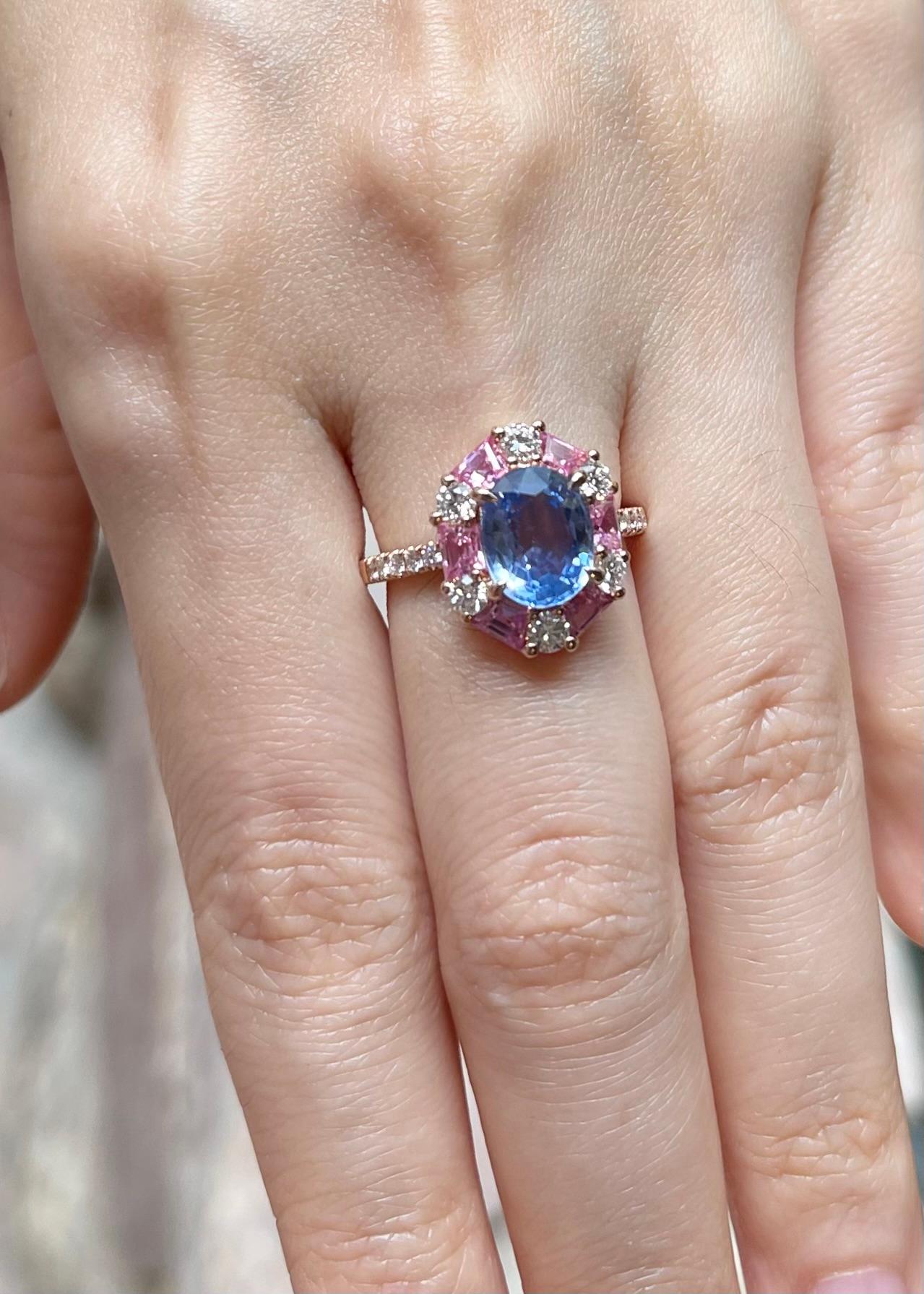 Mixed Cut Blue Sapphire, Pink Sapphire and Diamond Ring set in 18K Rose Gold Settings For Sale