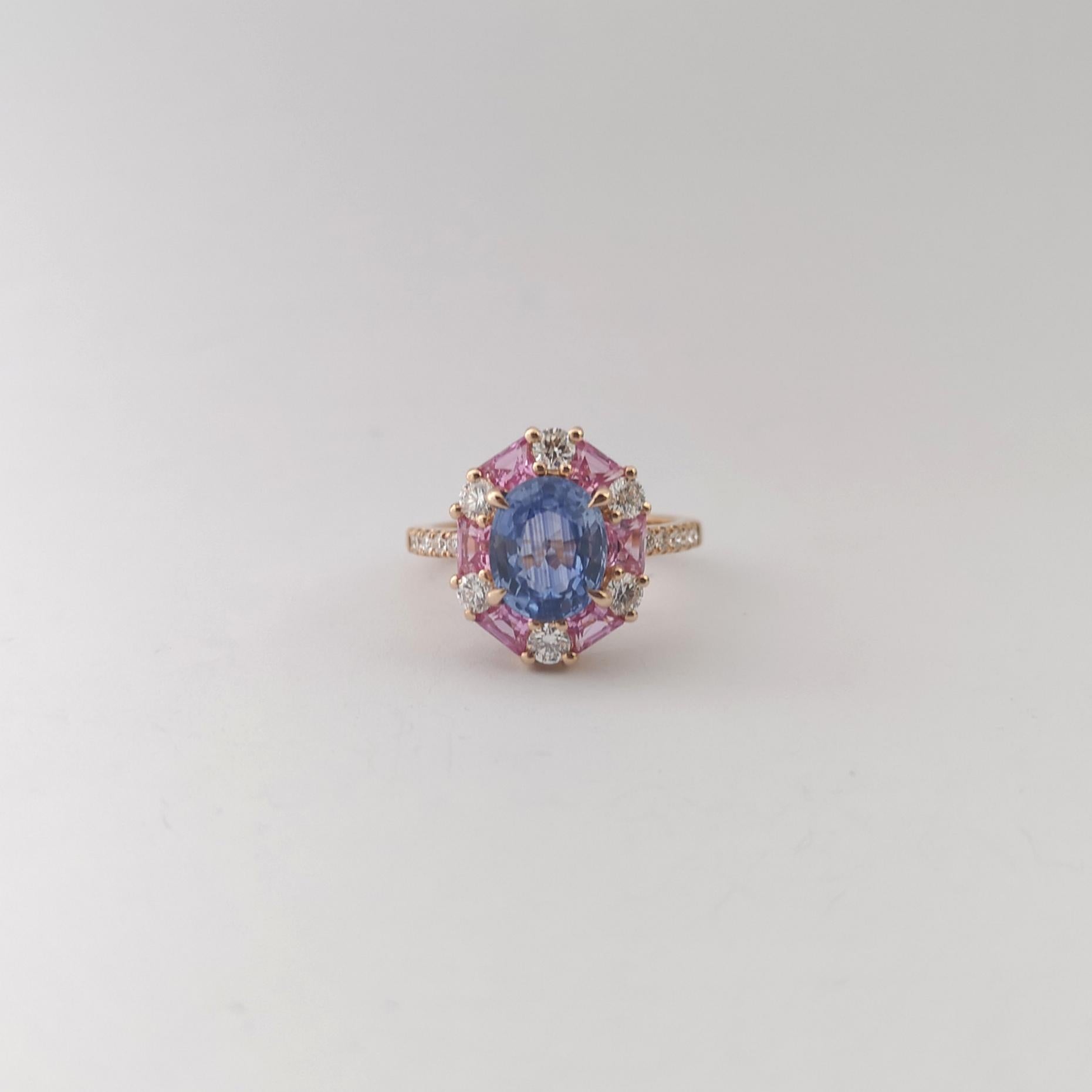 Blue Sapphire, Pink Sapphire and Diamond Ring set in 18K Rose Gold Settings For Sale 2