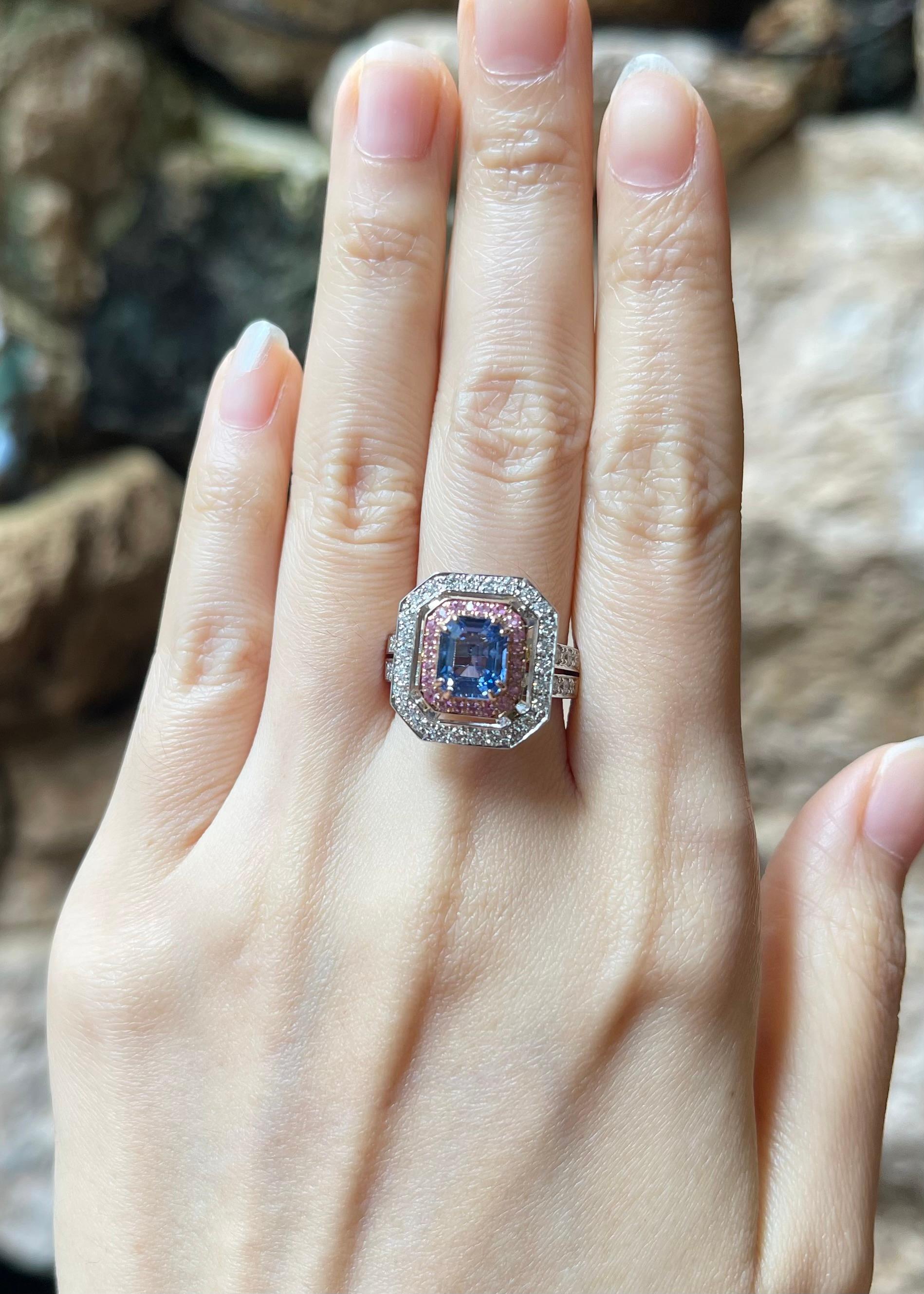 Blue Sapphire 2.07 carats, Pink Sapphire 0.36 carats and Diamond 0.84 carats Ring set in 18K Rose/ White Gold Settings

Width:  1.6 cm 
Length: 1.7 cm
Ring Size: 54
Total Weight: 10.76 grams

