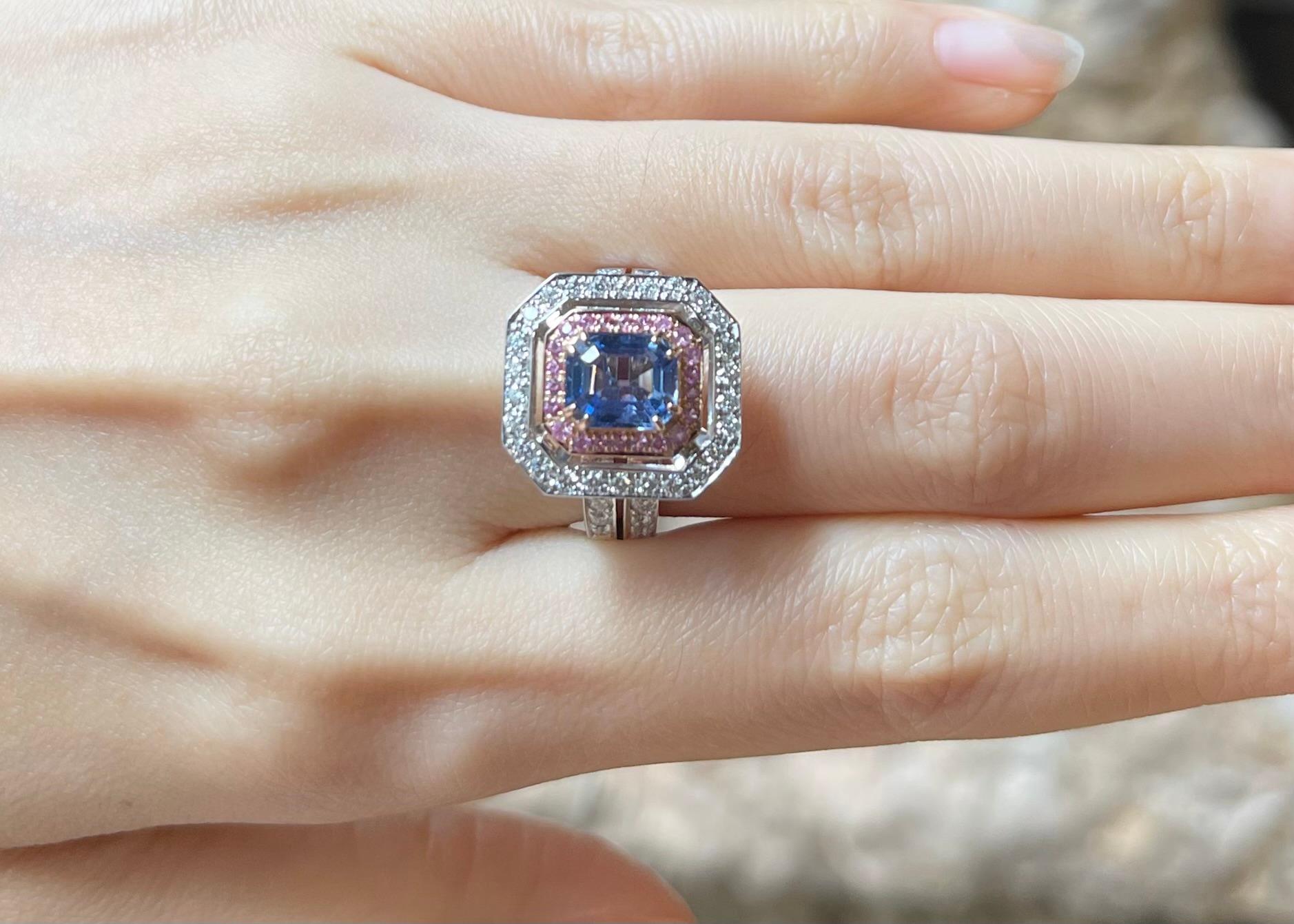 Contemporary Blue Sapphire, Pink Sapphire and Diamond Ring set in 18K Rose/ White Gold Set For Sale