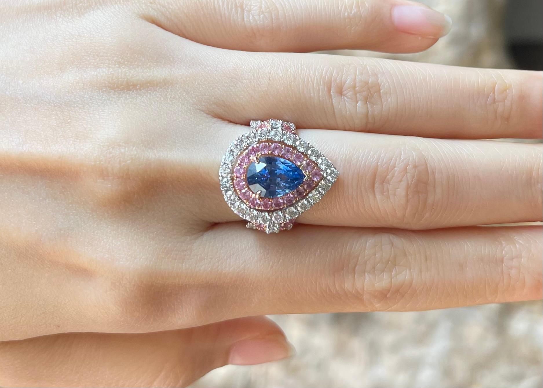 Contemporary Blue Sapphire, Pink Sapphire and Diamond Ring set in 18K Rose/ White Gold Set For Sale