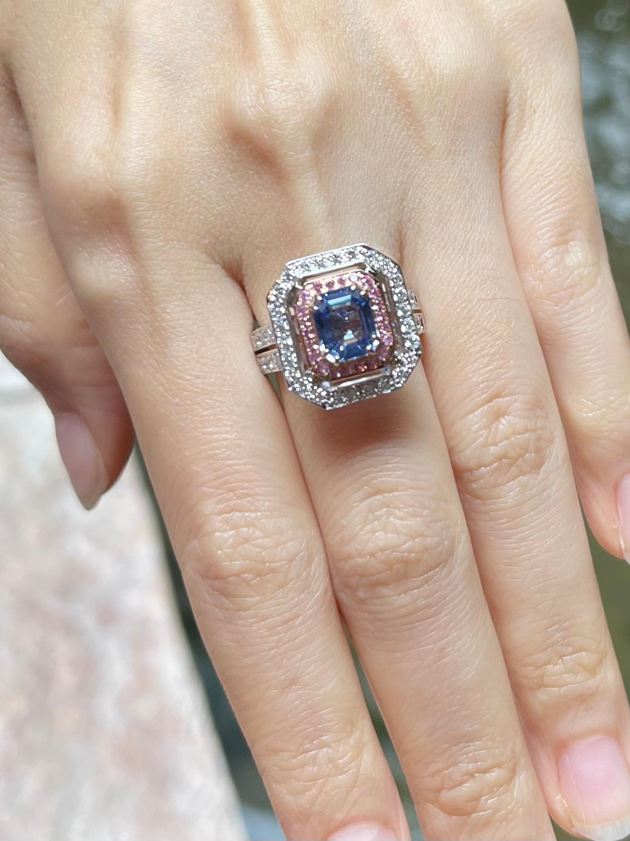 Cushion Cut Blue Sapphire, Pink Sapphire and Diamond Ring set in 18K Rose/ White Gold Set For Sale