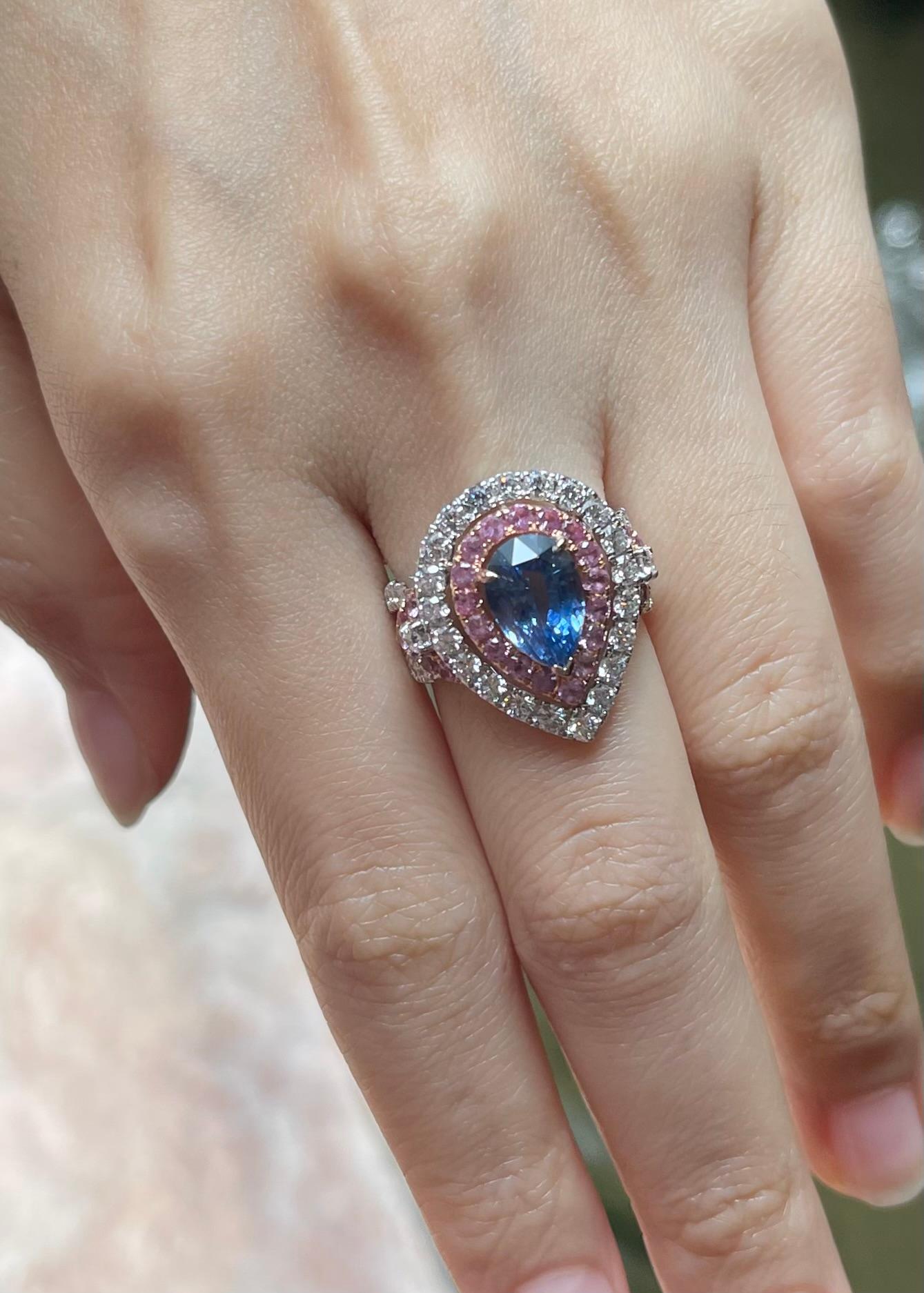 Pear Cut Blue Sapphire, Pink Sapphire and Diamond Ring set in 18K Rose/ White Gold Set For Sale