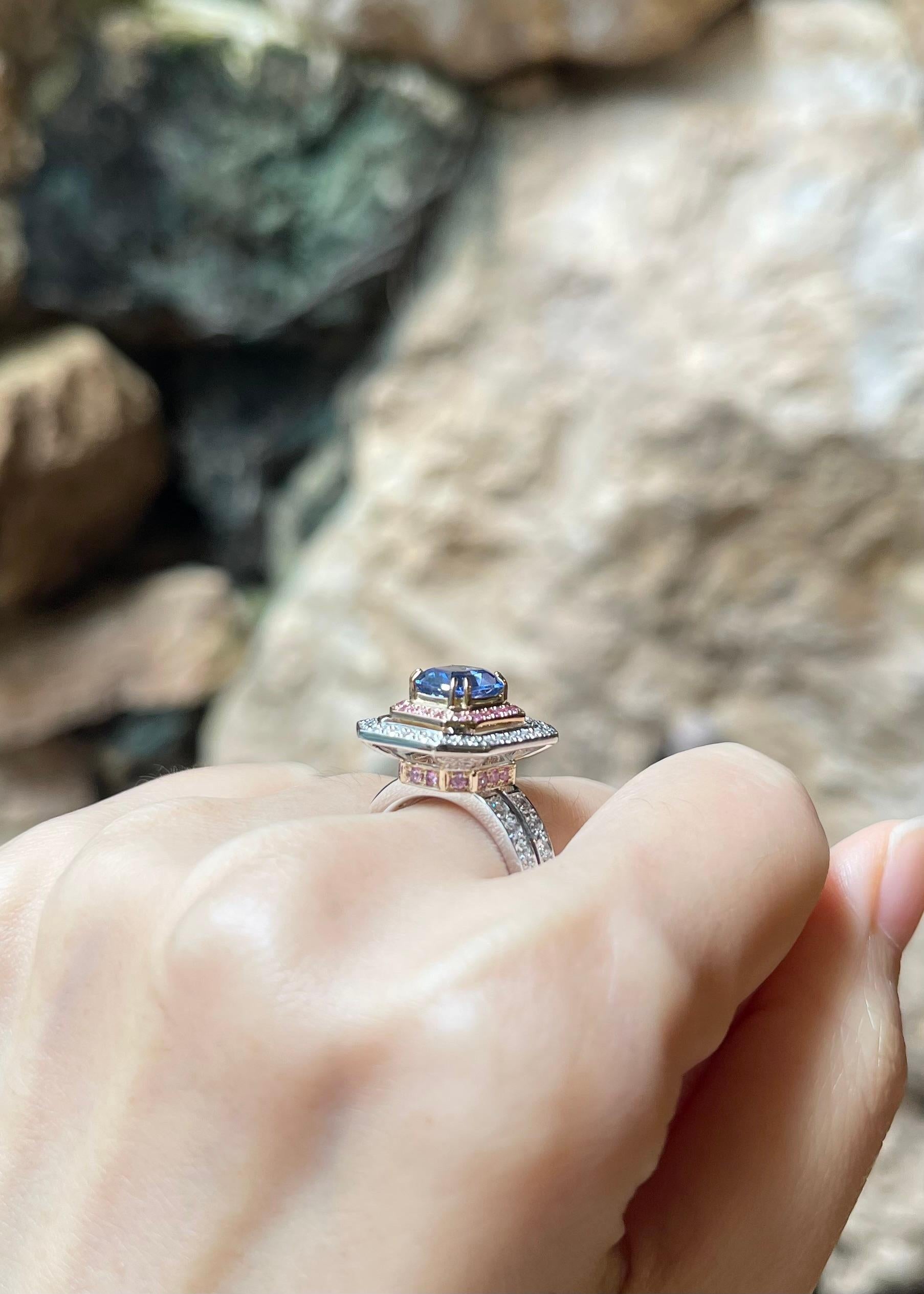 Women's Blue Sapphire, Pink Sapphire and Diamond Ring set in 18K Rose/ White Gold Set For Sale