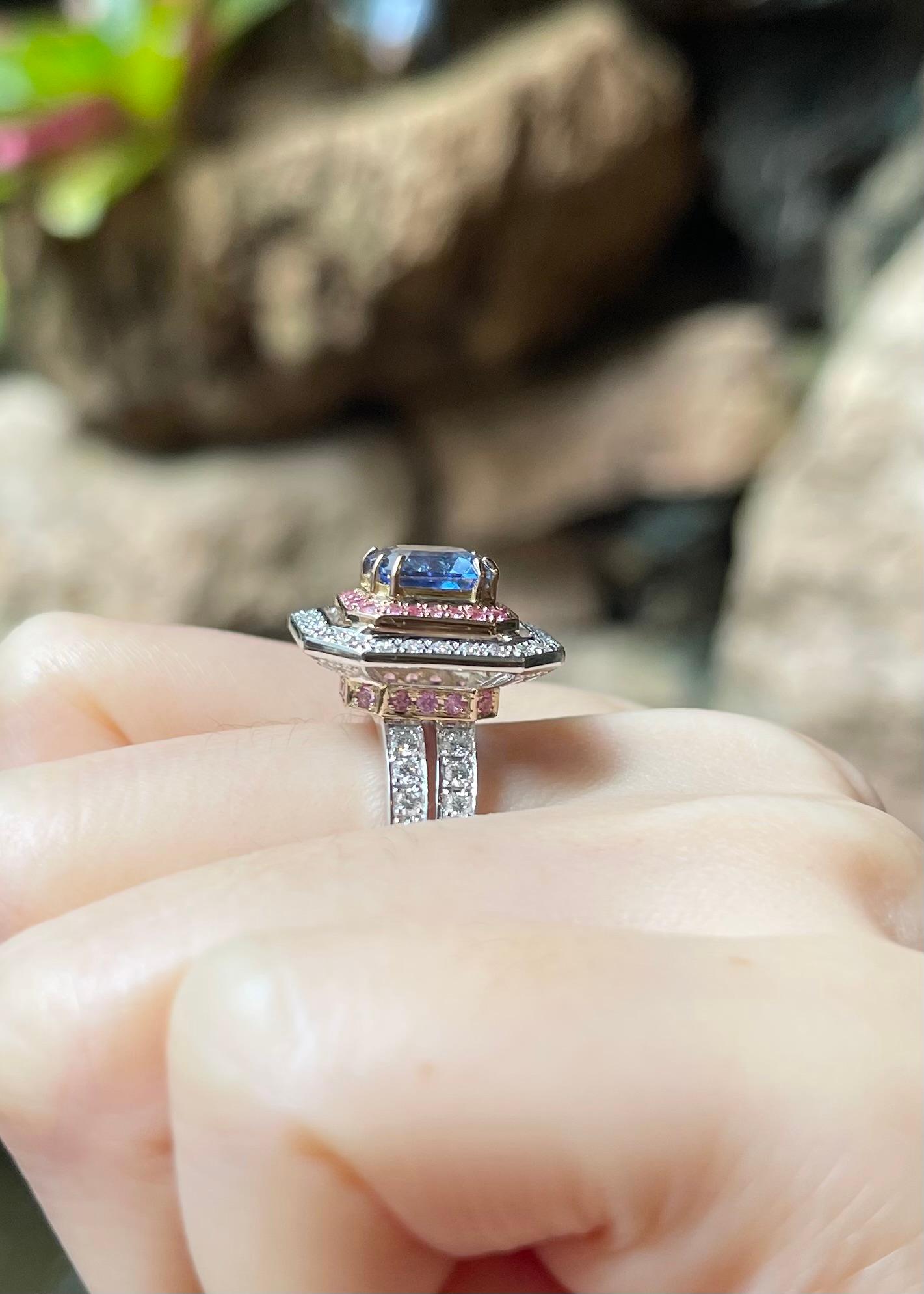 Blue Sapphire, Pink Sapphire and Diamond Ring set in 18K Rose/ White Gold Set For Sale 1