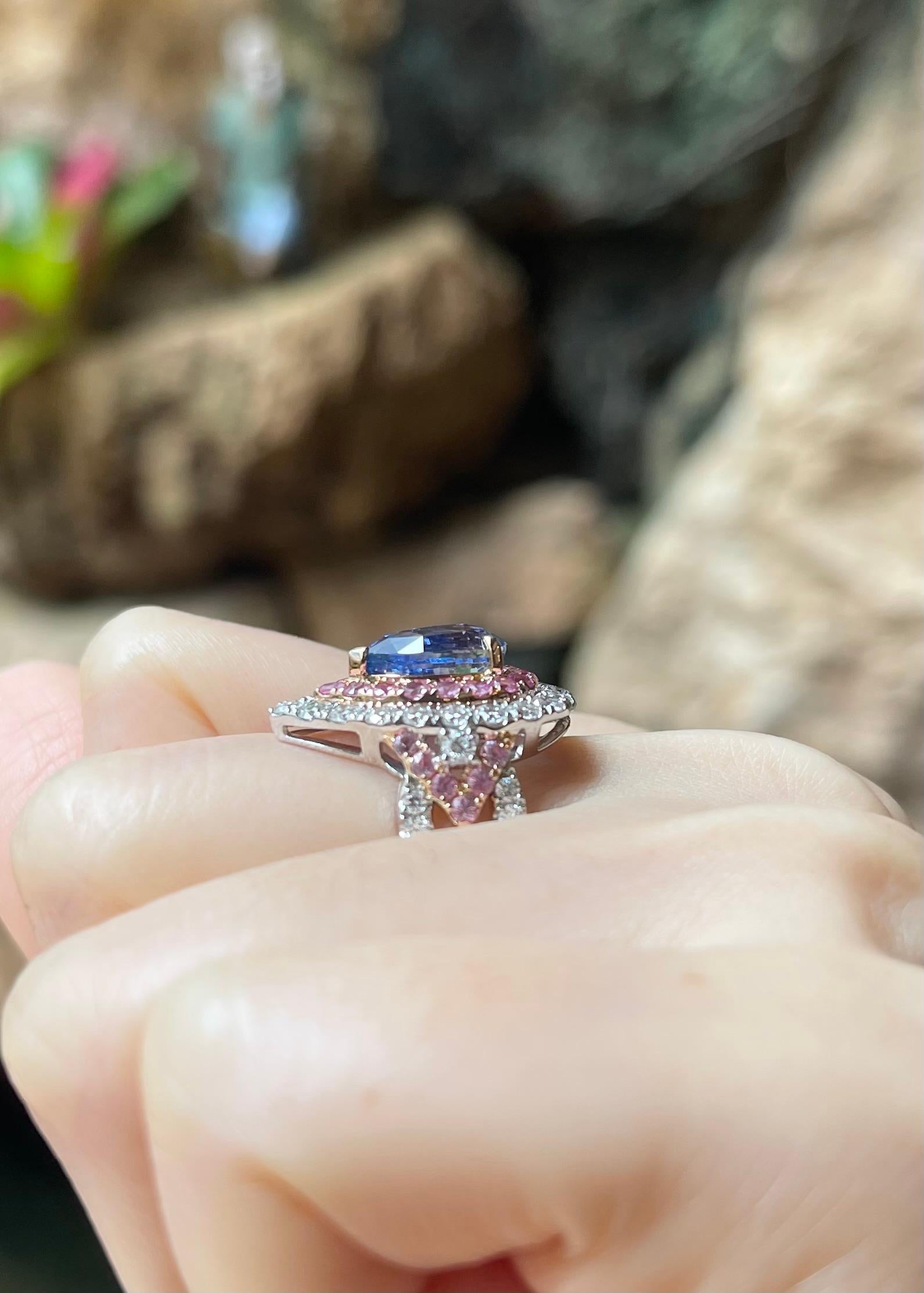 Blue Sapphire, Pink Sapphire and Diamond Ring set in 18K Rose/ White Gold Set For Sale 1