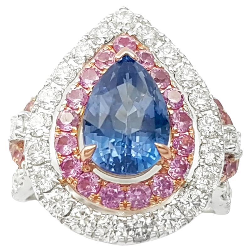 Blue Sapphire, Pink Sapphire and Diamond Ring set in 18K Rose/ White Gold Set For Sale