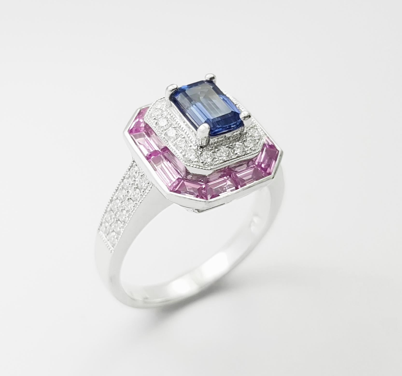 Blue Sapphire, Pink Sapphire and Diamond Ring set in 18K White Gold Settings For Sale 5