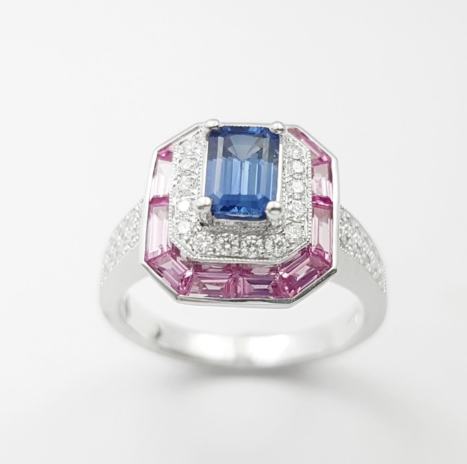 Blue Sapphire, Pink Sapphire and Diamond Ring set in 18K White Gold Settings For Sale 6