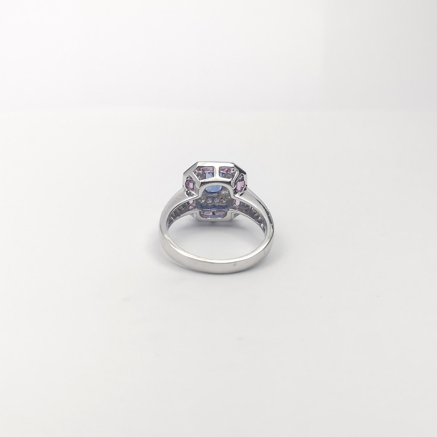 Blue Sapphire, Pink Sapphire and Diamond Ring set in 18K White Gold Settings For Sale 7