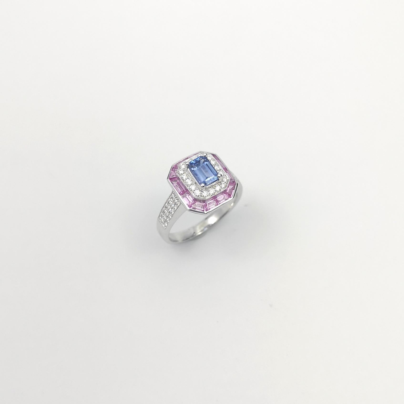Blue Sapphire, Pink Sapphire and Diamond Ring set in 18K White Gold Settings For Sale 8