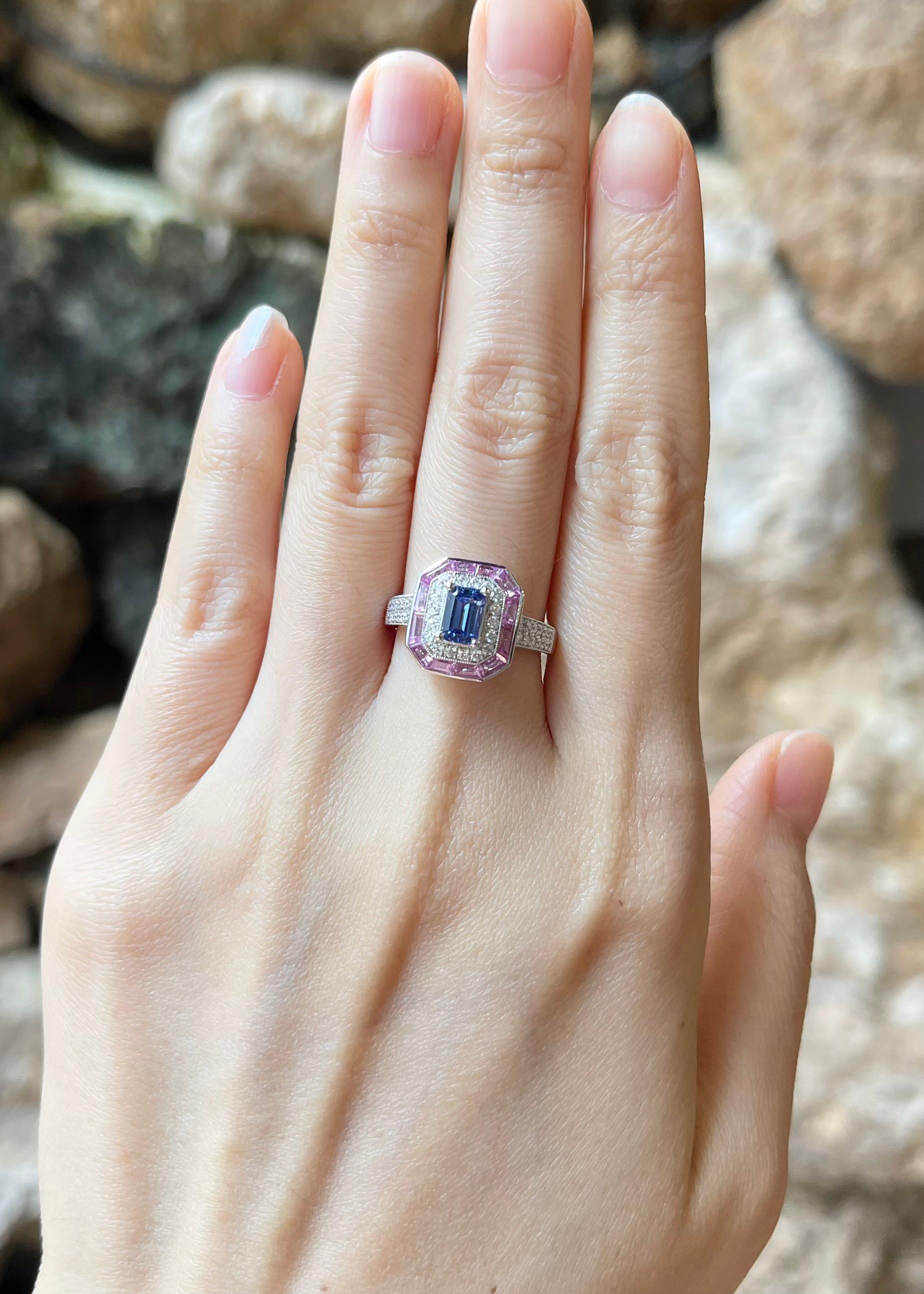 Blue Sapphire 0.66 carat, Pink Sapphire 0.93 carat and Diamond 0.30 carat Ring set in 18K White Gold Settings

Width:  1.2 cm 
Length: 1.3 cm
Ring Size: 53
Total Weight: 5.89 grams

