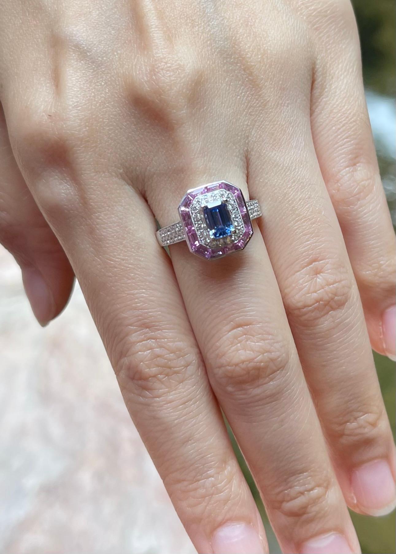Emerald Cut Blue Sapphire, Pink Sapphire and Diamond Ring set in 18K White Gold Settings For Sale