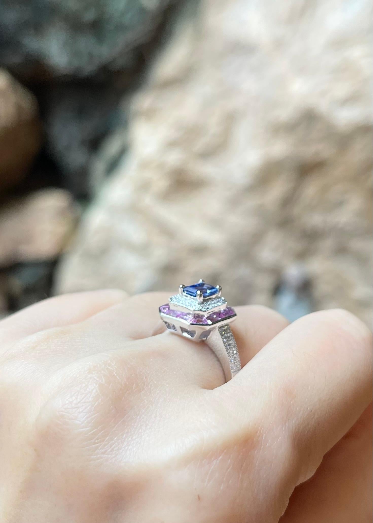 Women's Blue Sapphire, Pink Sapphire and Diamond Ring set in 18K White Gold Settings For Sale