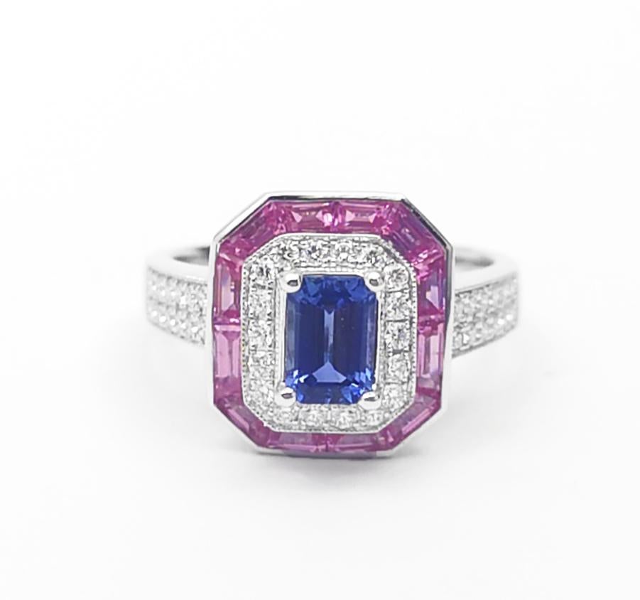 Blue Sapphire, Pink Sapphire and Diamond Ring set in 18K White Gold Settings For Sale 2