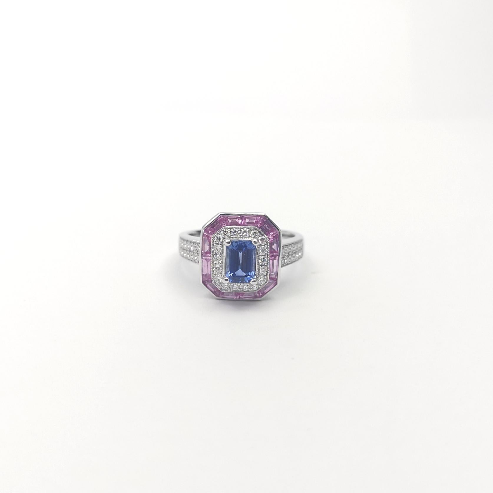 Blue Sapphire, Pink Sapphire and Diamond Ring set in 18K White Gold Settings For Sale 3