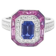 Blue Sapphire, Pink Sapphire and Diamond Ring set in 18K White Gold Settings
