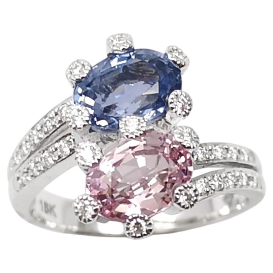Blue Sapphire, Pink Sapphire and Diamond Ring set in 18K White Gold Settings