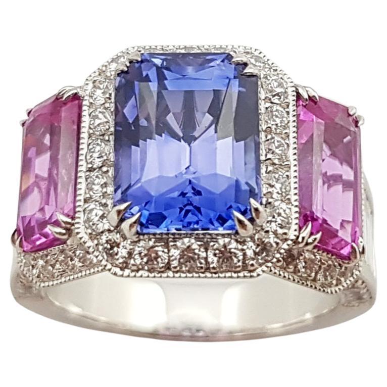 Blue Sapphire, Pink Sapphire and Diamond Ring Set in Platinum 950 Settings