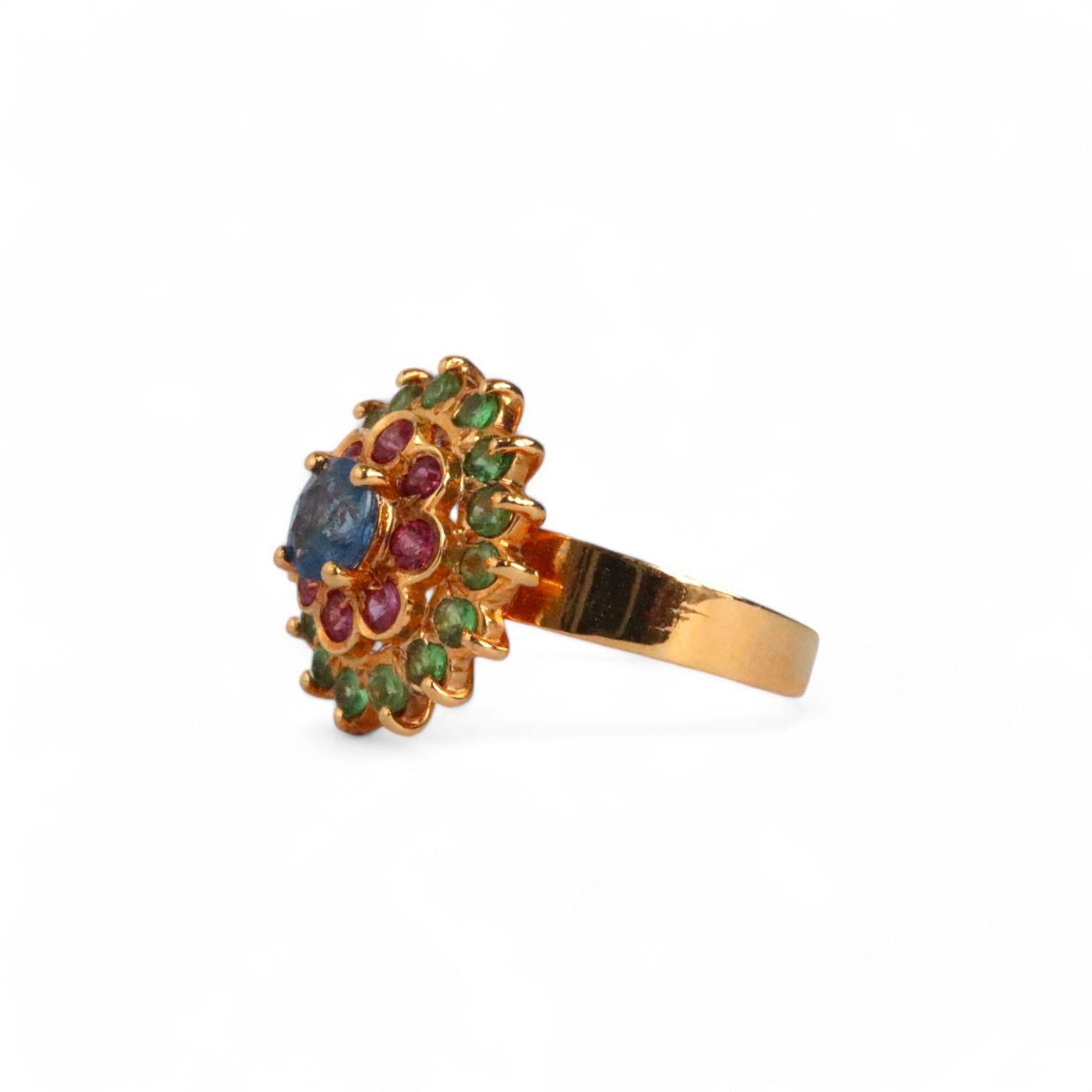 Art Deco Blue sapphire, Pink sapphire and Tsavorite garnet ring in 18k solid gold For Sale