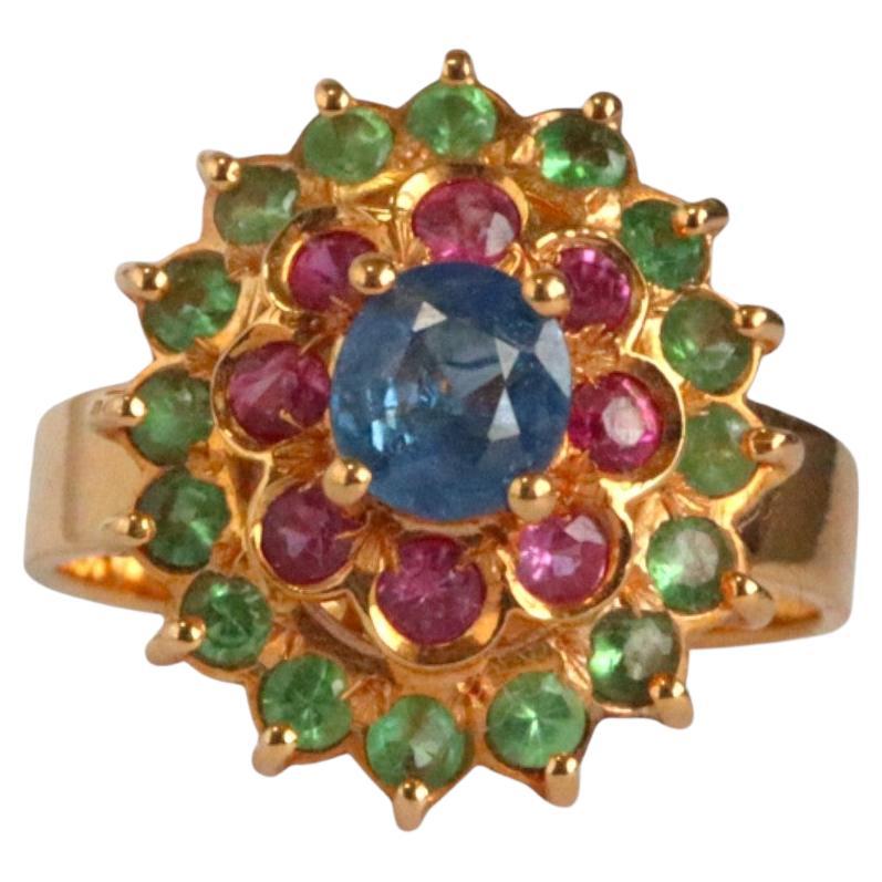 Blue sapphire, Pink sapphire and Tsavorite garnet ring in 18k solid gold For Sale