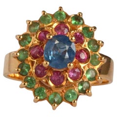 Blue sapphire, Pink sapphire and Tsavorite garnet ring in 18k solid gold
