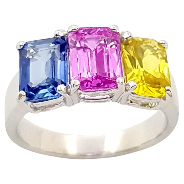 Ring aus Platin 900 mit blauem Saphir, rosa Saphir und gelbem Saphir und gelbem Saphir im Angebot