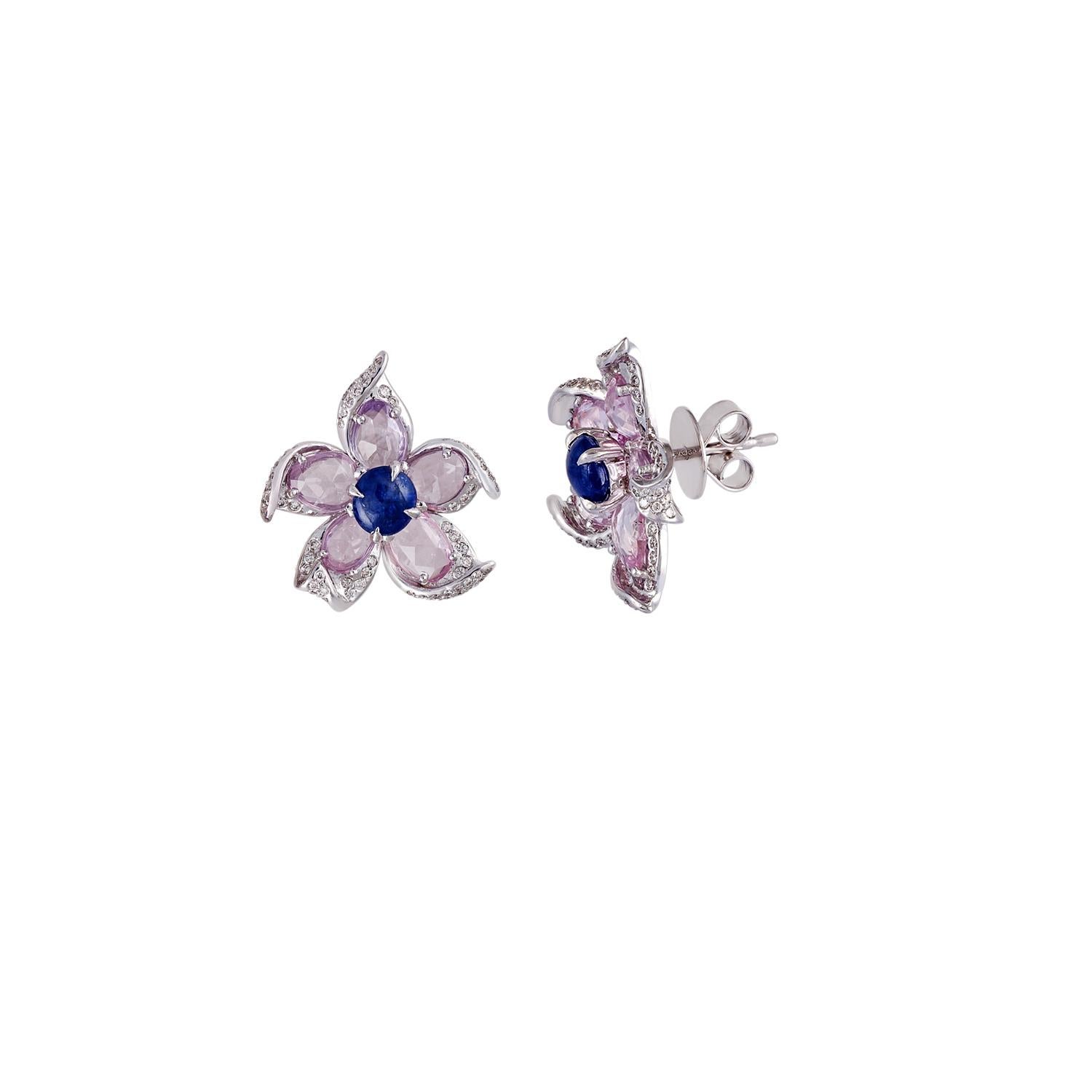Contemporary Blue Sapphire, Pink Sapphire & Diamond Earrings Studded in 18k Gold