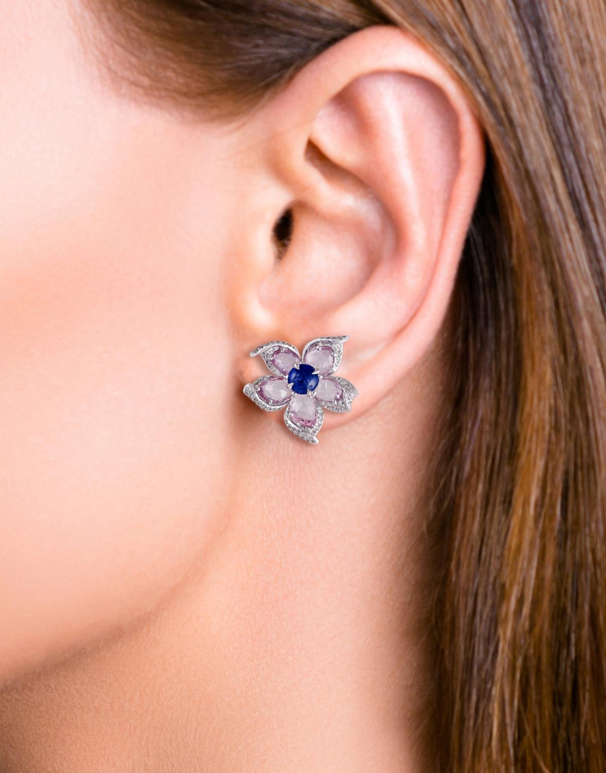 Mixed Cut Blue Sapphire, Pink Sapphire & Diamond Earrings Studded in 18k Gold