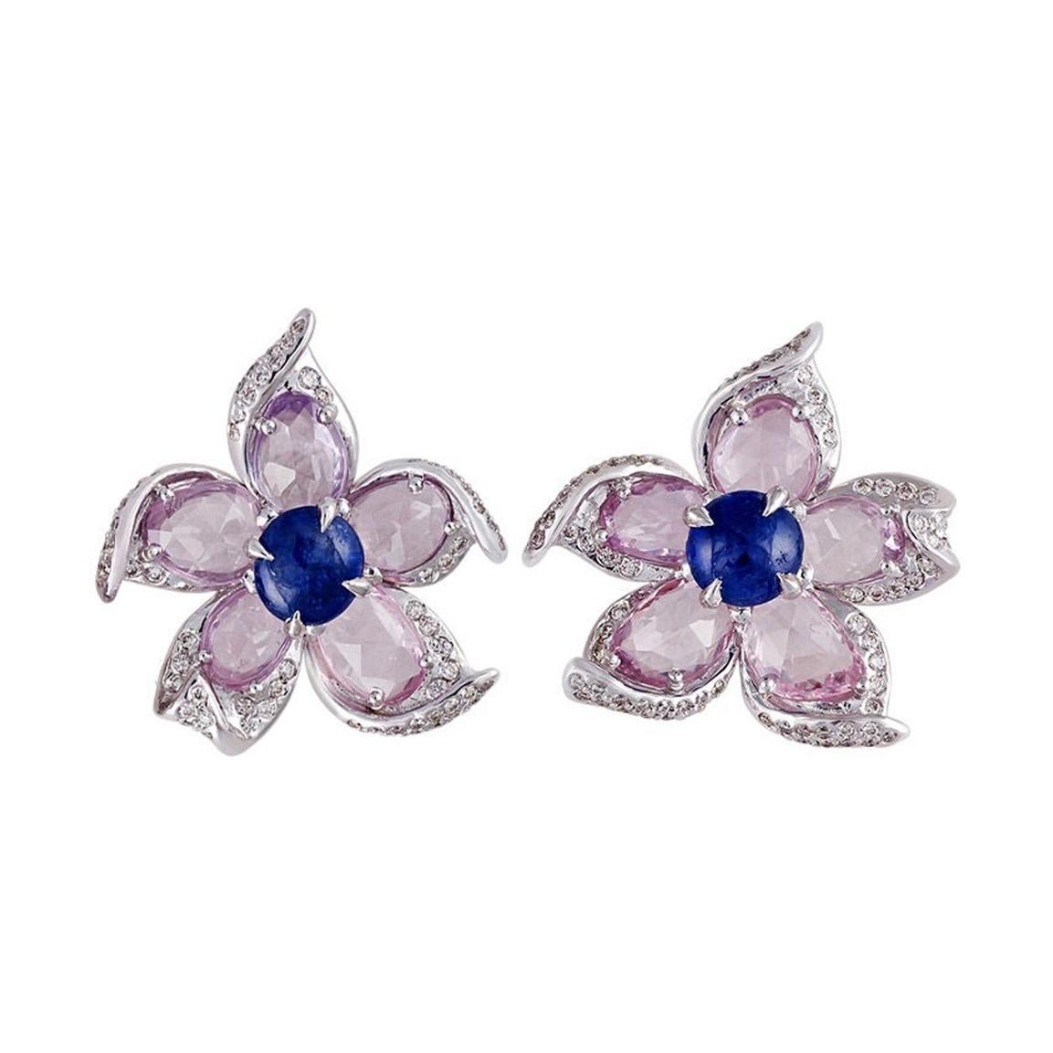 Blue Sapphire, Pink Sapphire & Diamond Earrings Studded in 18k Gold