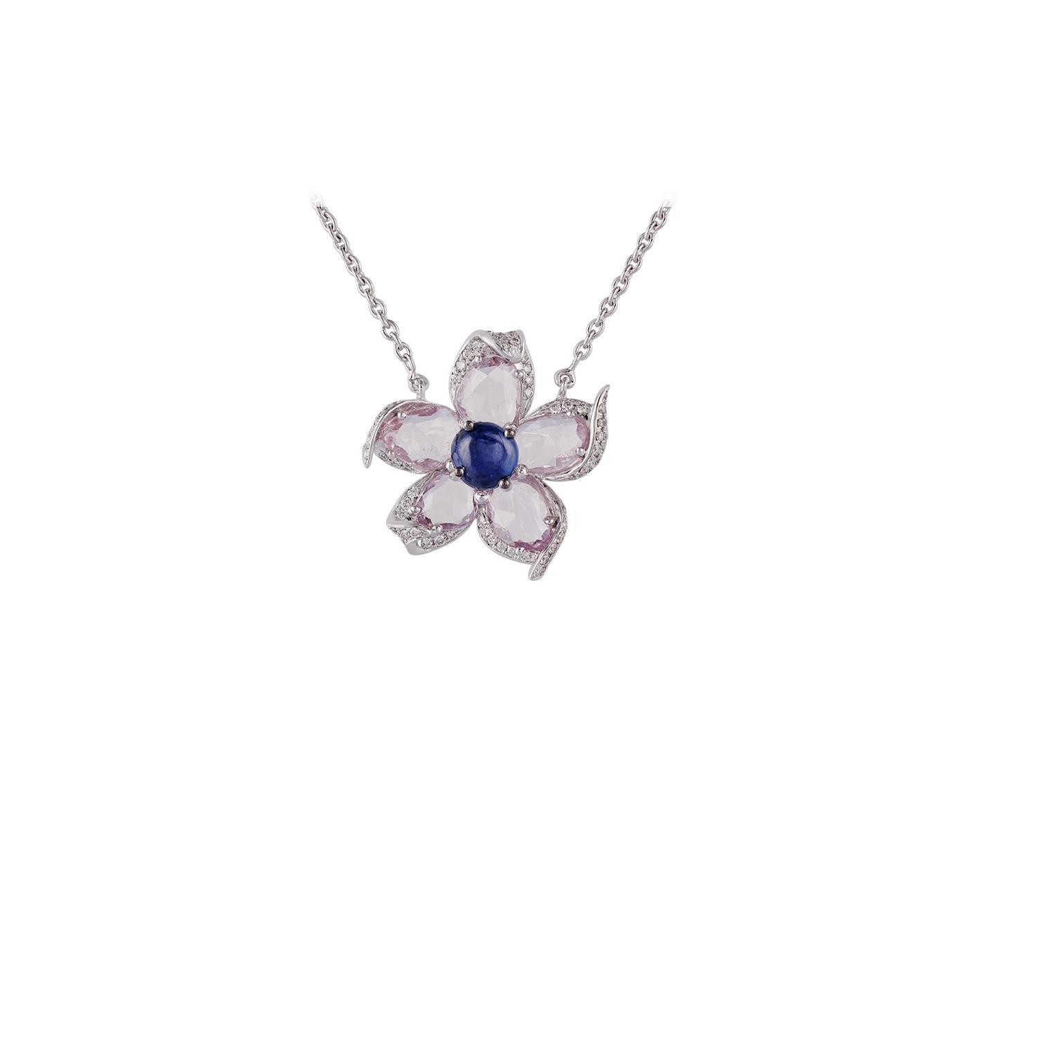 This is an elegant & designer blue sapphire, pink sapphire & diamond pendant necklace studded in 18k white gold features 1 piece of cabochon shaped blue sapphire weight 0.98 carat, 5 pieces of rose cut pink sapphire weight 3.19 carat with 78 pieces