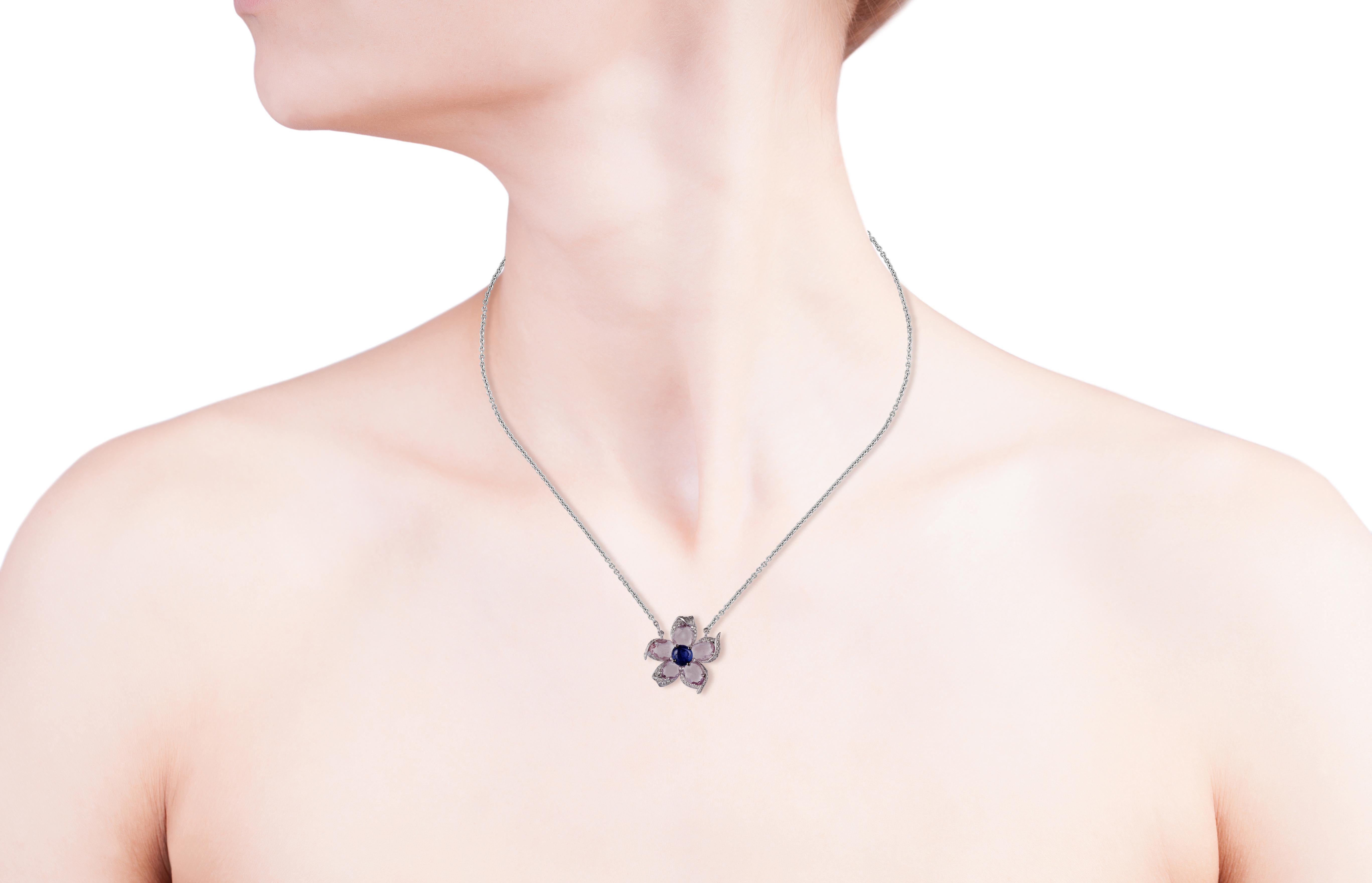 Contemporary Blue Sapphire, Pink Sapphire & Diamond Pendant Studded in 18k Gold