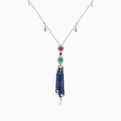 Blue Sapphire, Pink Sapphire, Emerald, Ruby & Pearl 18K White Gold Bead Necklace