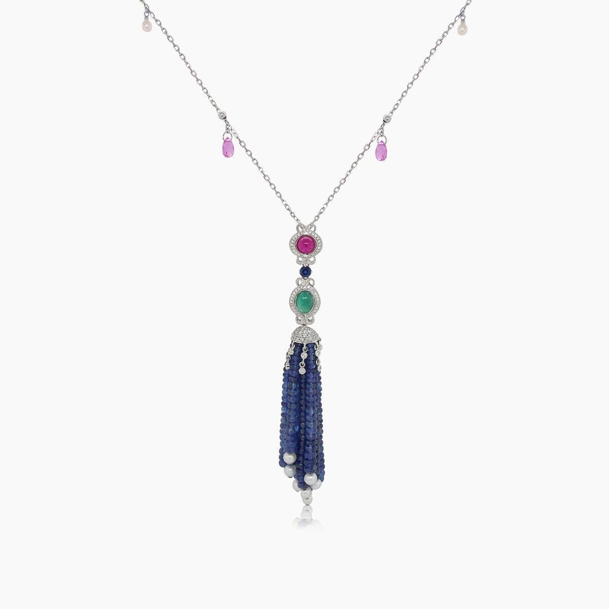 Blue Sapphire, Pink Sapphire, Emerald, Ruby & Pearl 18K White Gold Bead Necklace In New Condition For Sale In Oakton, VA