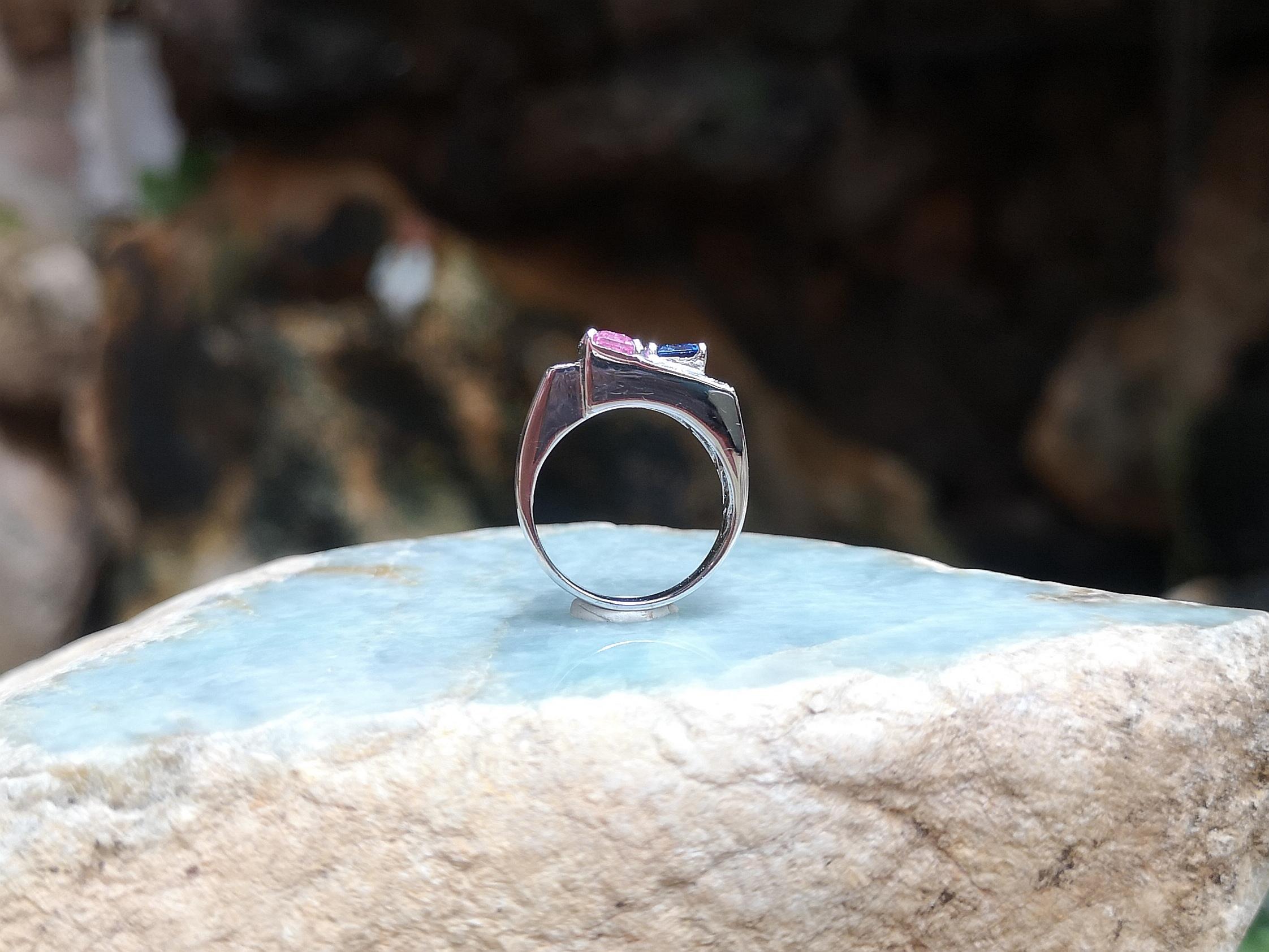 Blue Sapphire, Pink Sapphire with Diamond Ring in 18 Karat White Gold Settings 5