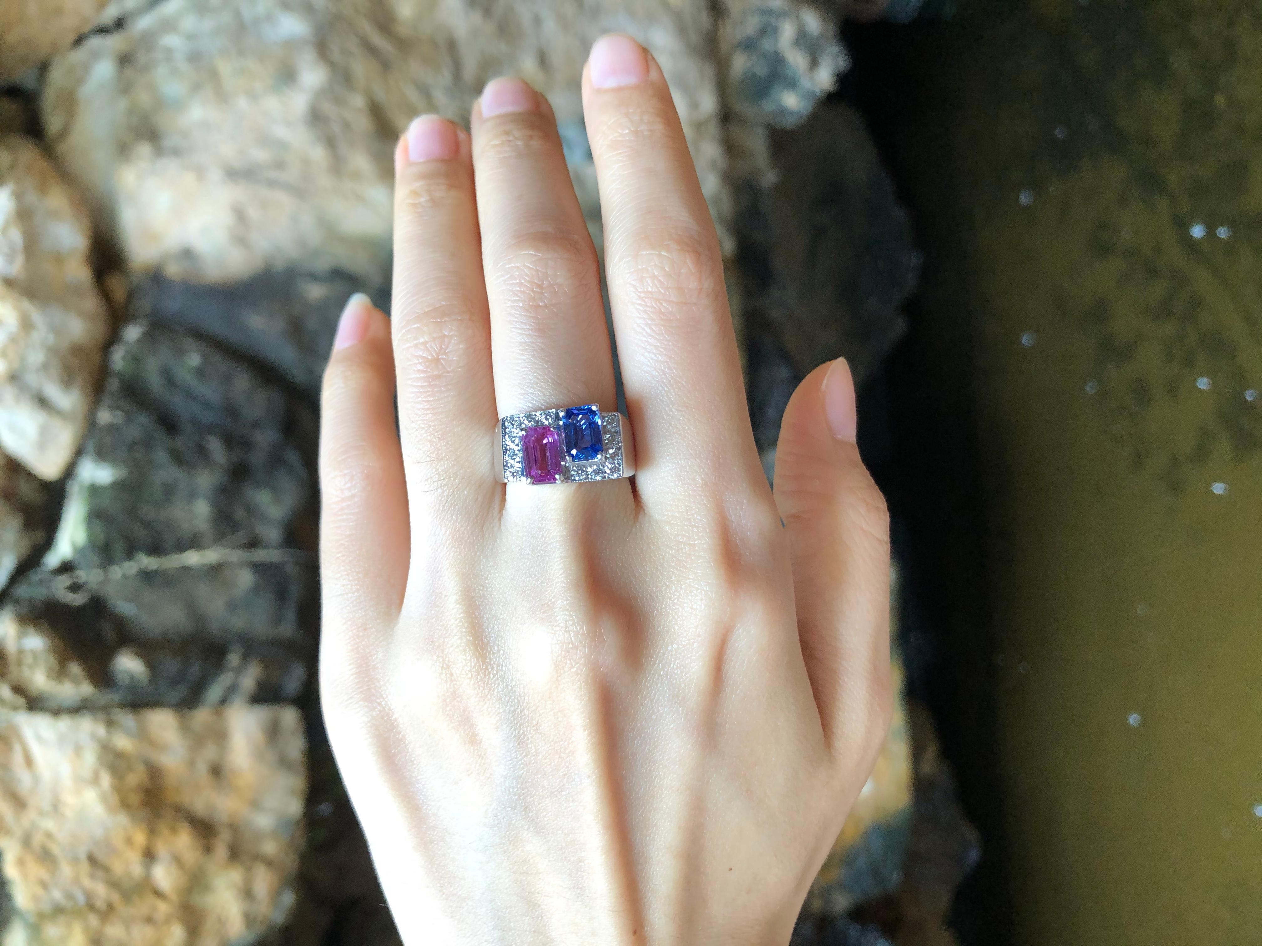 Women's or Men's Blue Sapphire, Pink Sapphire with Diamond Ring in 18 Karat White Gold Settings