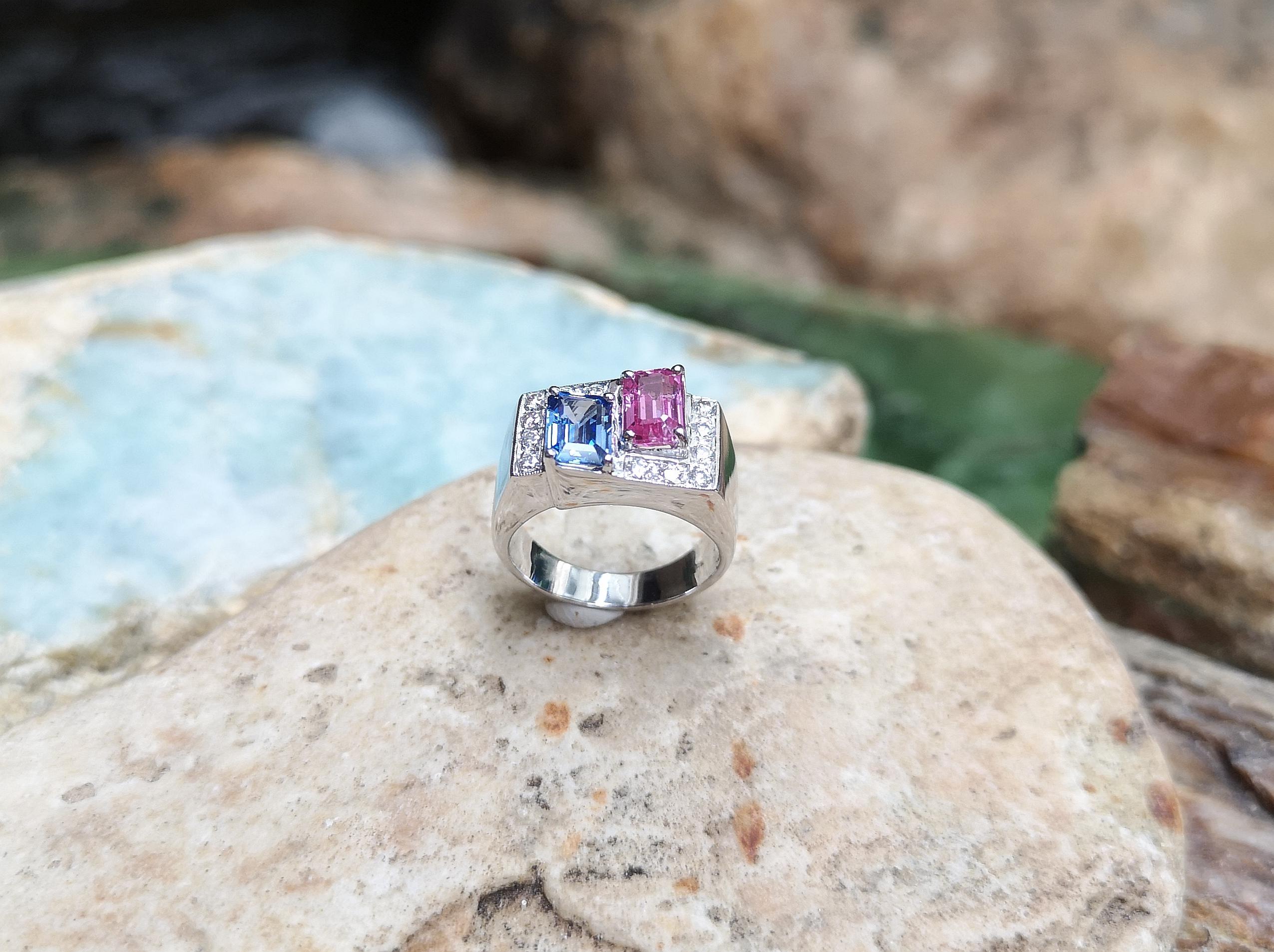 Blue Sapphire, Pink Sapphire with Diamond Ring in 18 Karat White Gold Settings 2