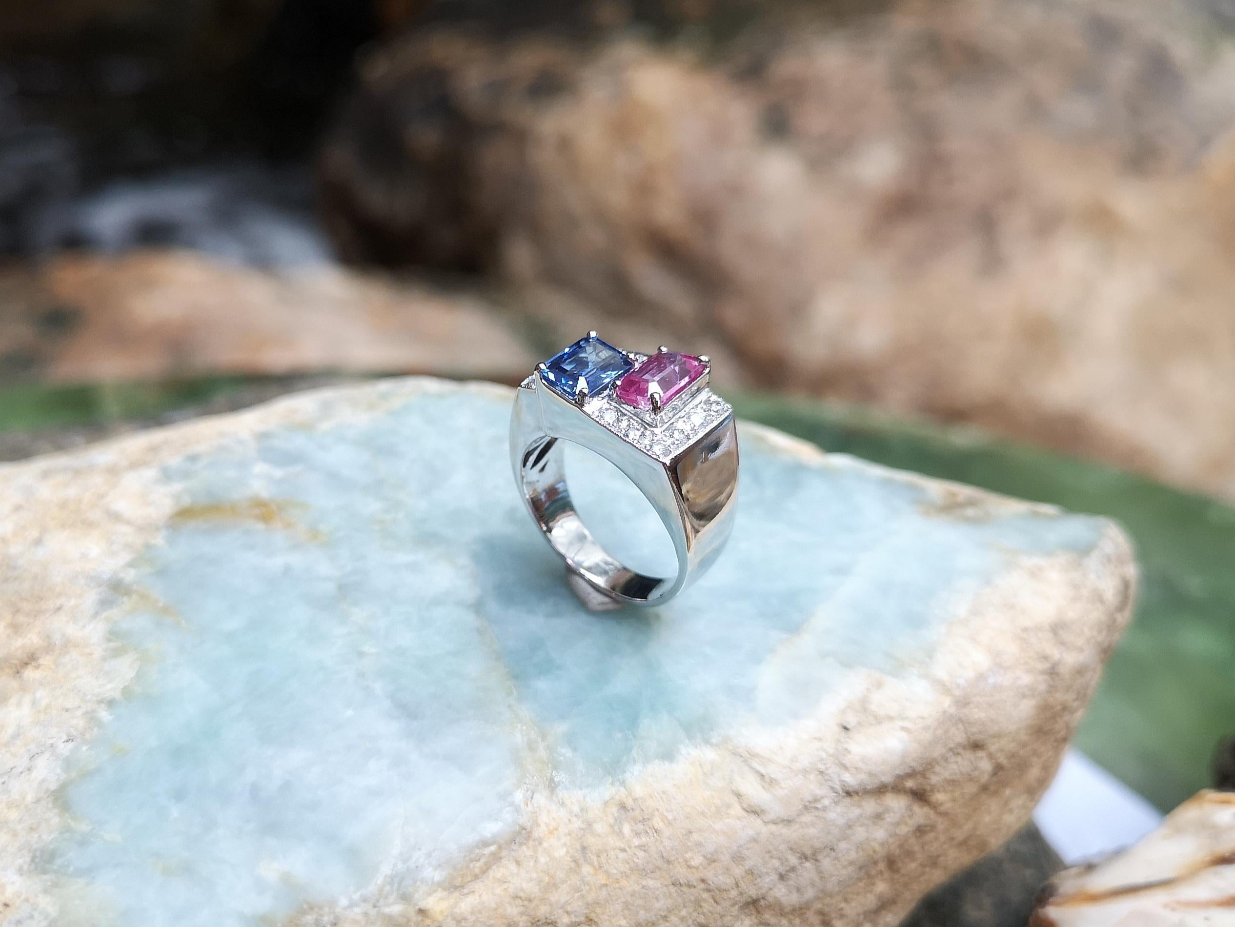 Blue Sapphire, Pink Sapphire with Diamond Ring in 18 Karat White Gold Settings 3