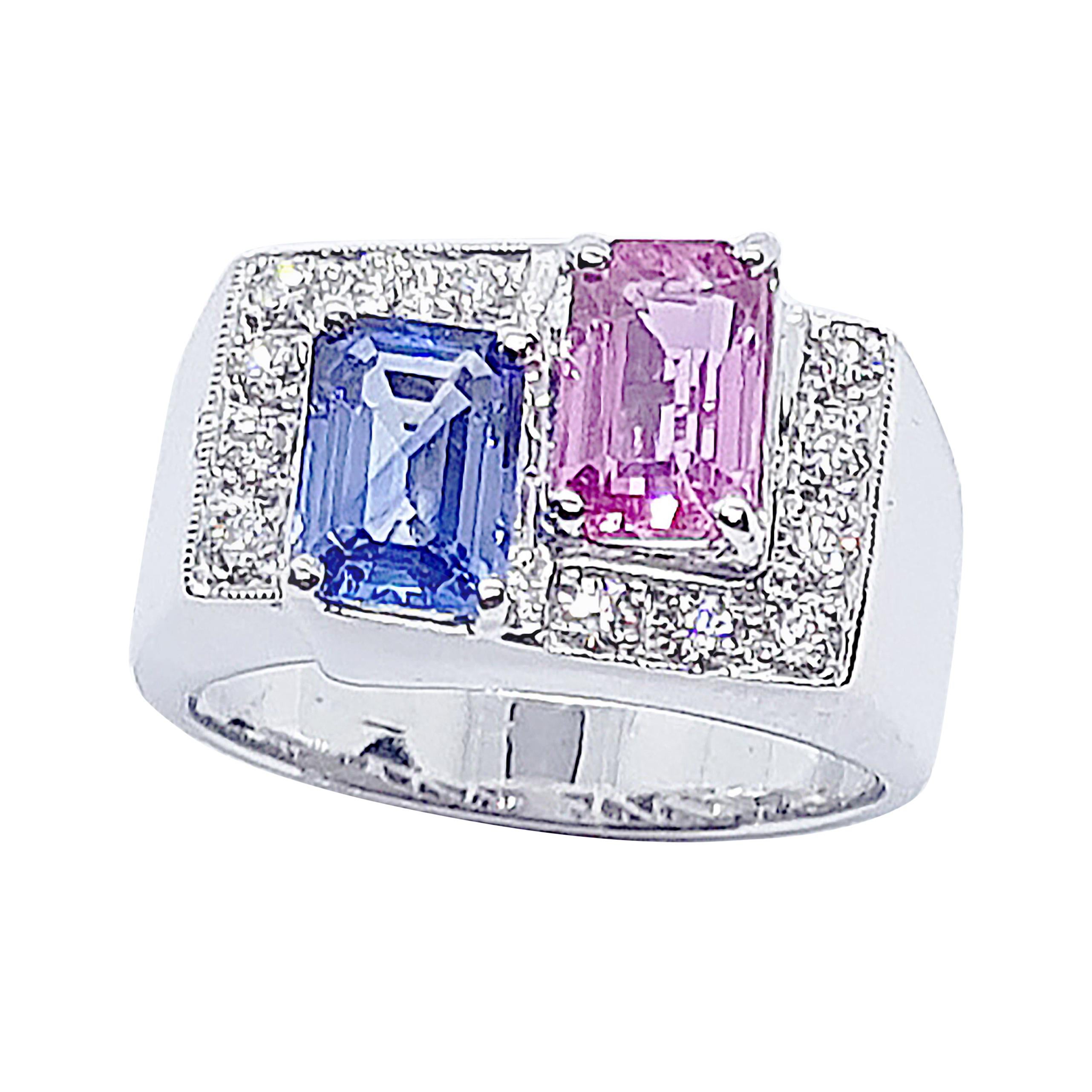 Blue Sapphire, Pink Sapphire with Diamond Ring in 18 Karat White Gold Settings
