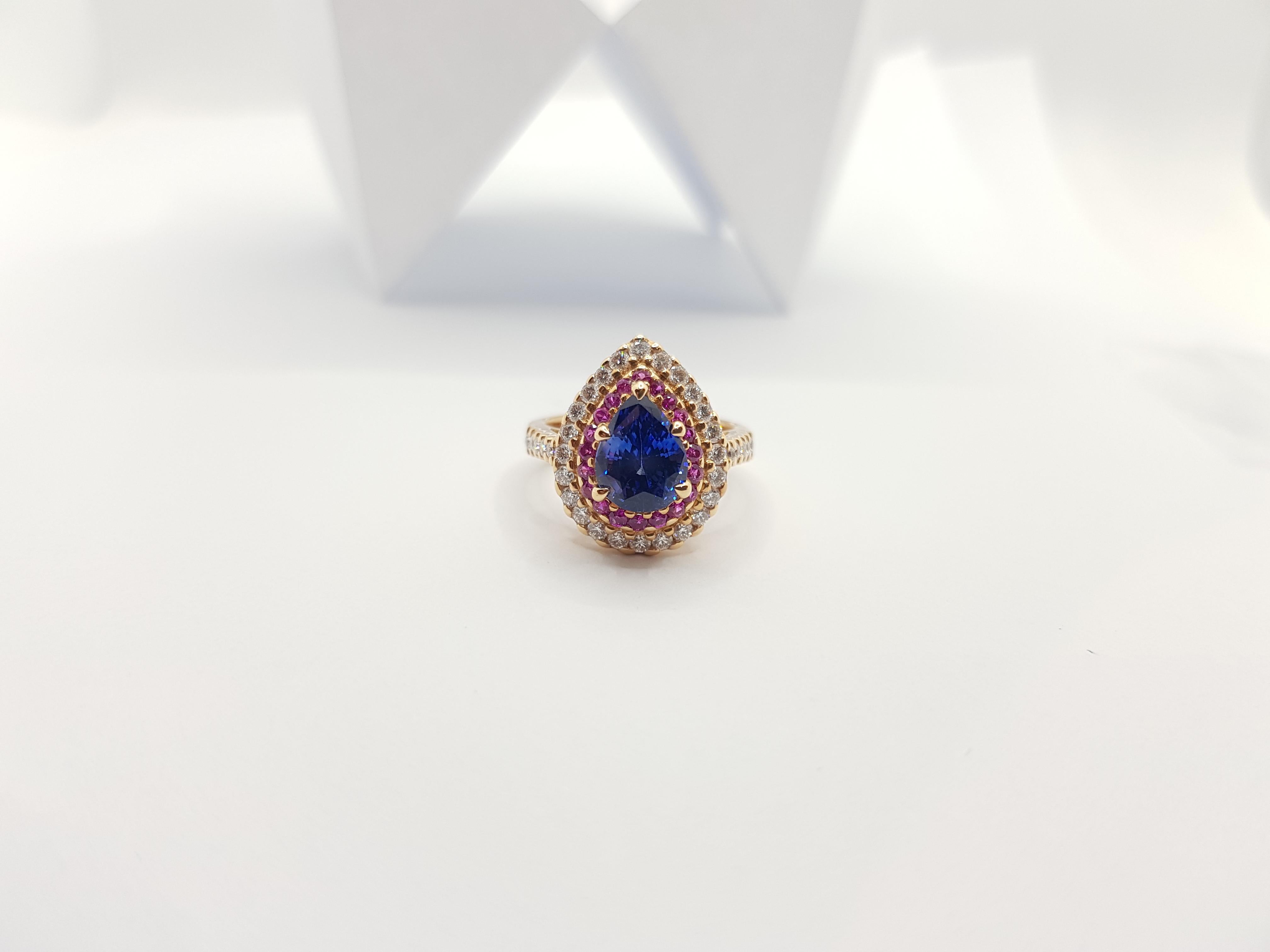 Women's Blue Sapphire, Pink Sapphire with Diamond Ring Set in 18 Karat Rose Gold Setting For Sale