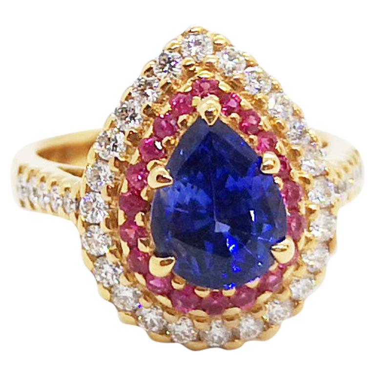 Blue Sapphire, Pink Sapphire with Diamond Ring Set in 18 Karat Rose Gold Setting For Sale