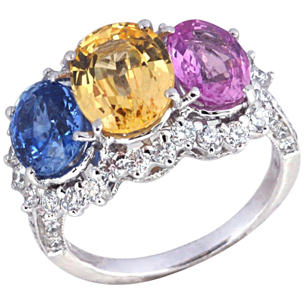 Blauer Saphir, rosa Saphir, gelber Saphir, gelber Saphir, Diamant in 18 Karat Weißgold