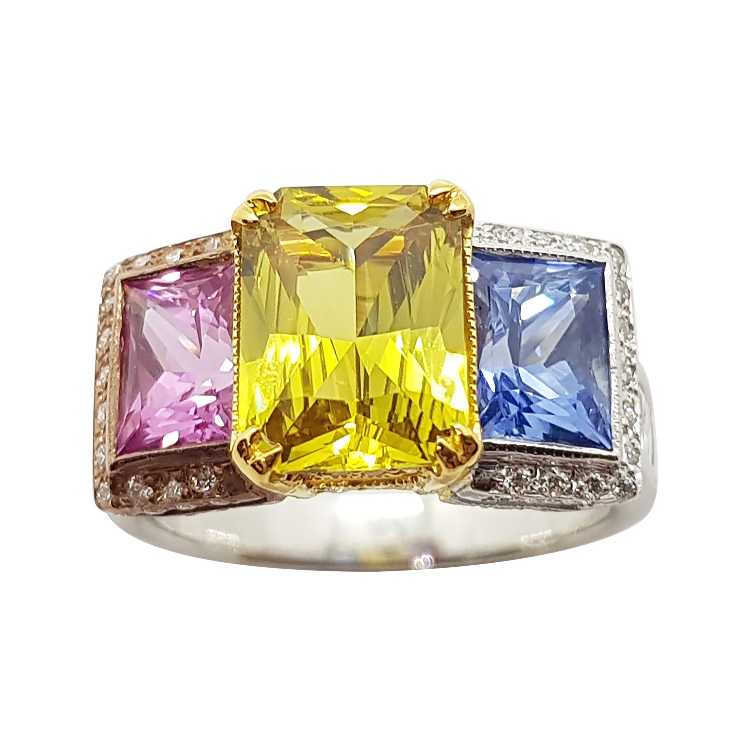 Blue Sapphire, Pink Sapphire, Yellow Sapphire Ring Set in 18 Karat White Gold For Sale