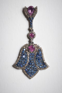 Blue Sapphire, Pink Tourmaline and Diamond Chandelier Drop Earrings