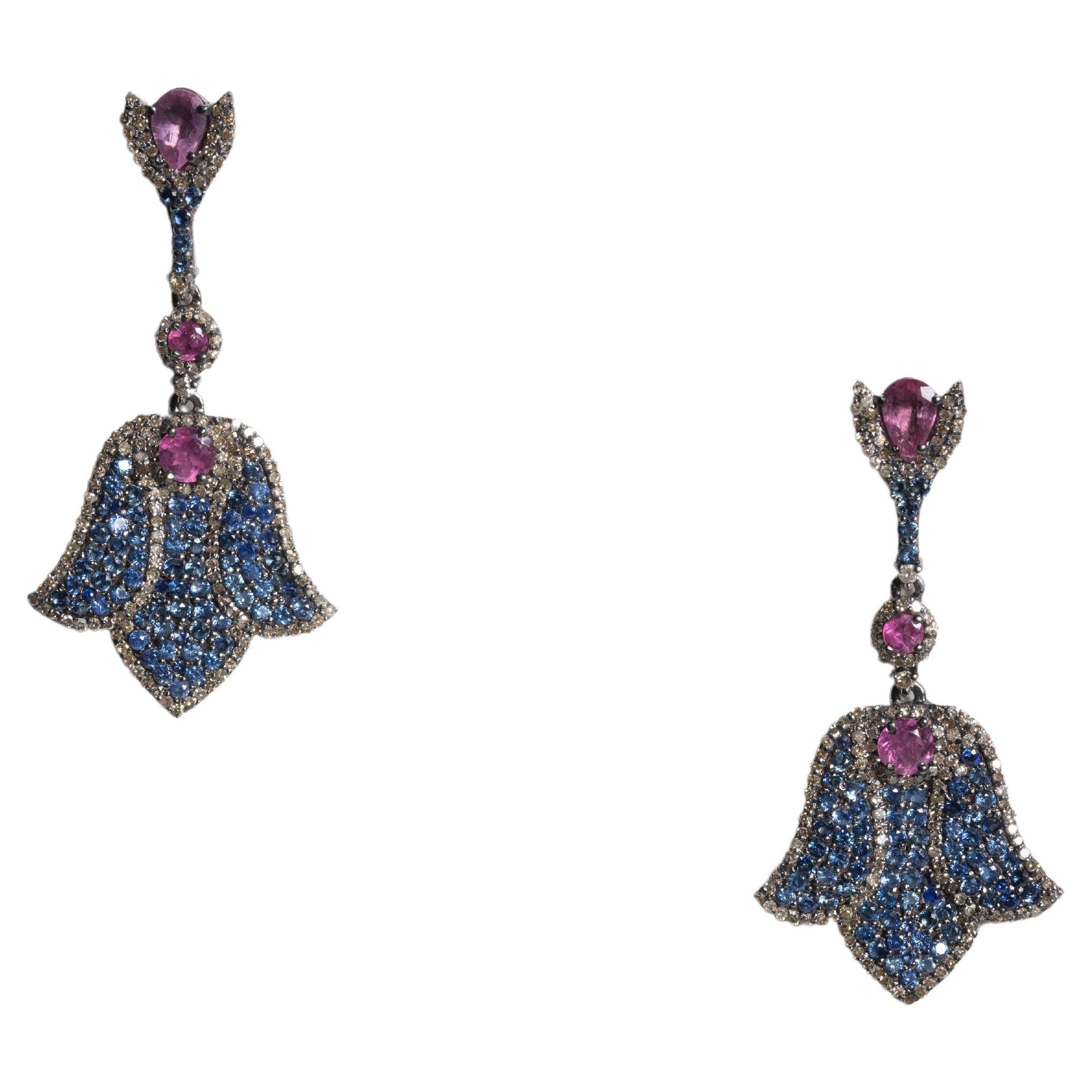 Blue Sapphire, Pink Tourmaline and Diamond Chandelier Drop Earrings