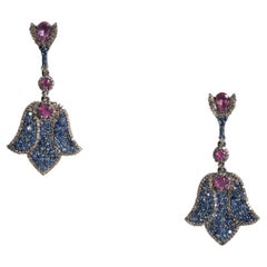 Blue Sapphire, Pink Tourmaline and Diamond Chandelier Drop Earrings